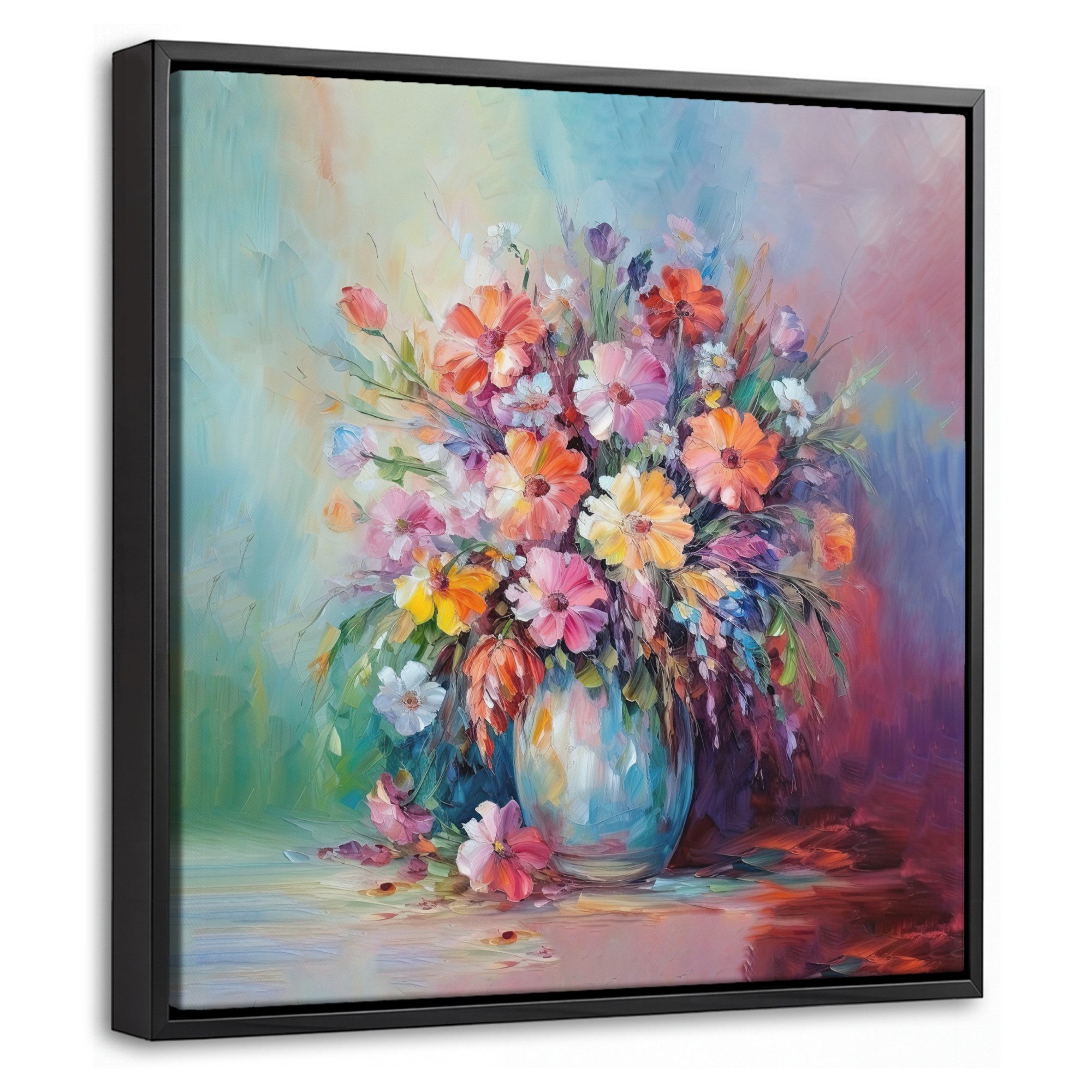 OnlyWow Leinwandbild mit Rahmen - Blumen - Kunst - Malerei - Frühling - Blumenstrauß, Fotodruck (1 St), Leinwand Bilder Klein, Wand Dekoration Aesthetic 20x20cm