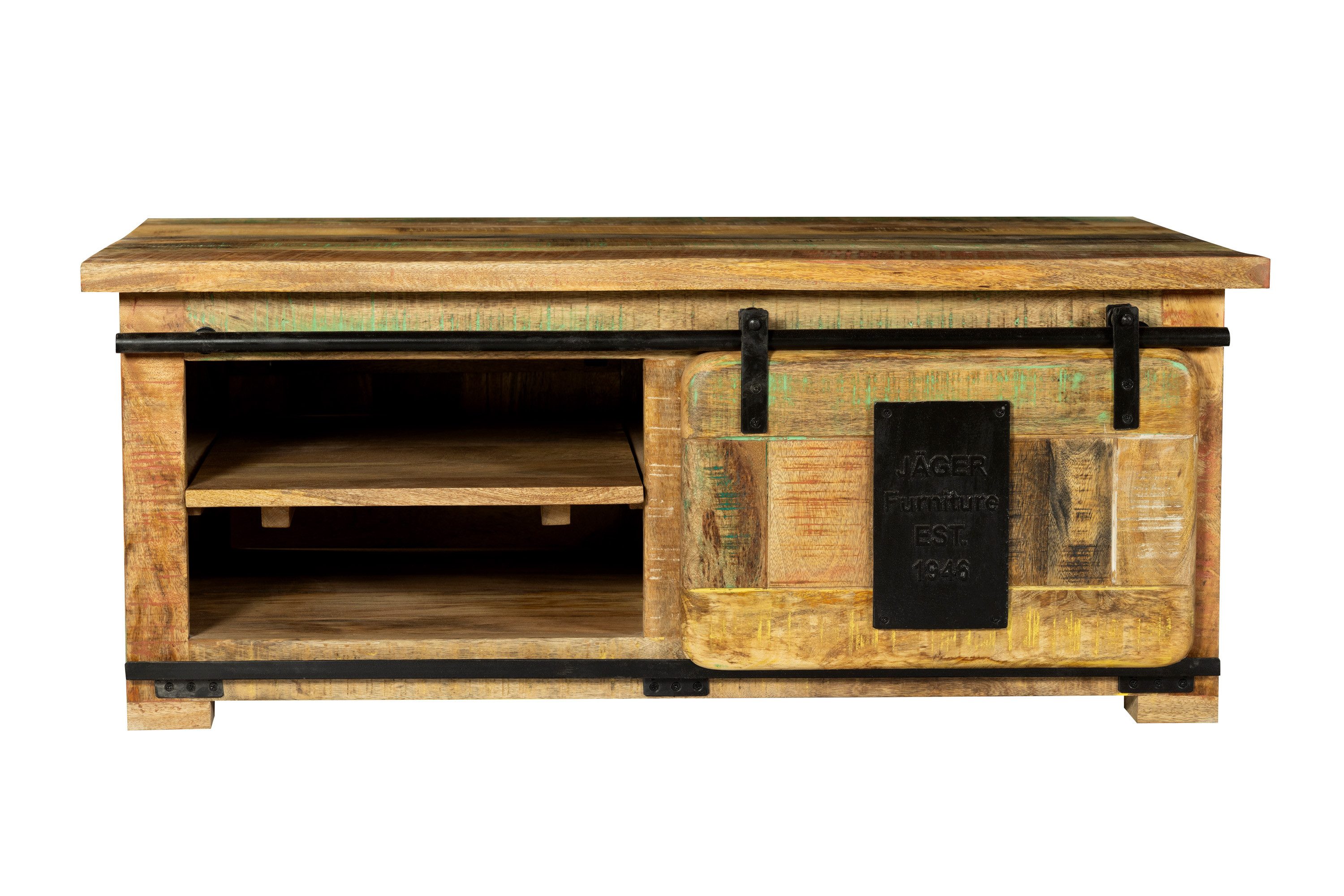 SAM® Couchtisch Gia, massives Mangoholz, mit Ablagefläche, Schiebetür, Metallschiene