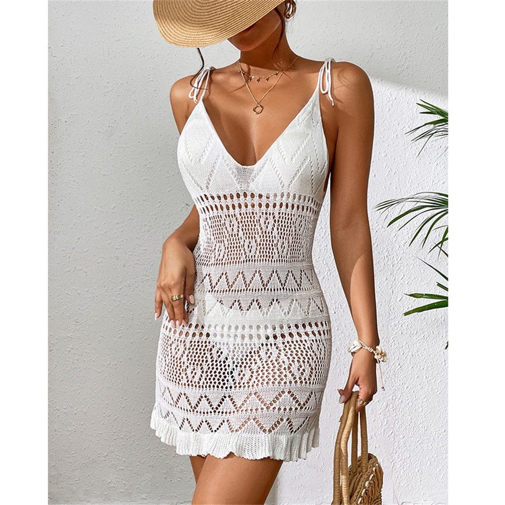 MOPUEA Blusenkleid Kurzes Damen Strandkleid aus Netzstoff Tief V Rückenfrei Transparent (1-tlg) Minikleid rückenfrei ärmellos mit Cut-out im Strandstil Einteiler
