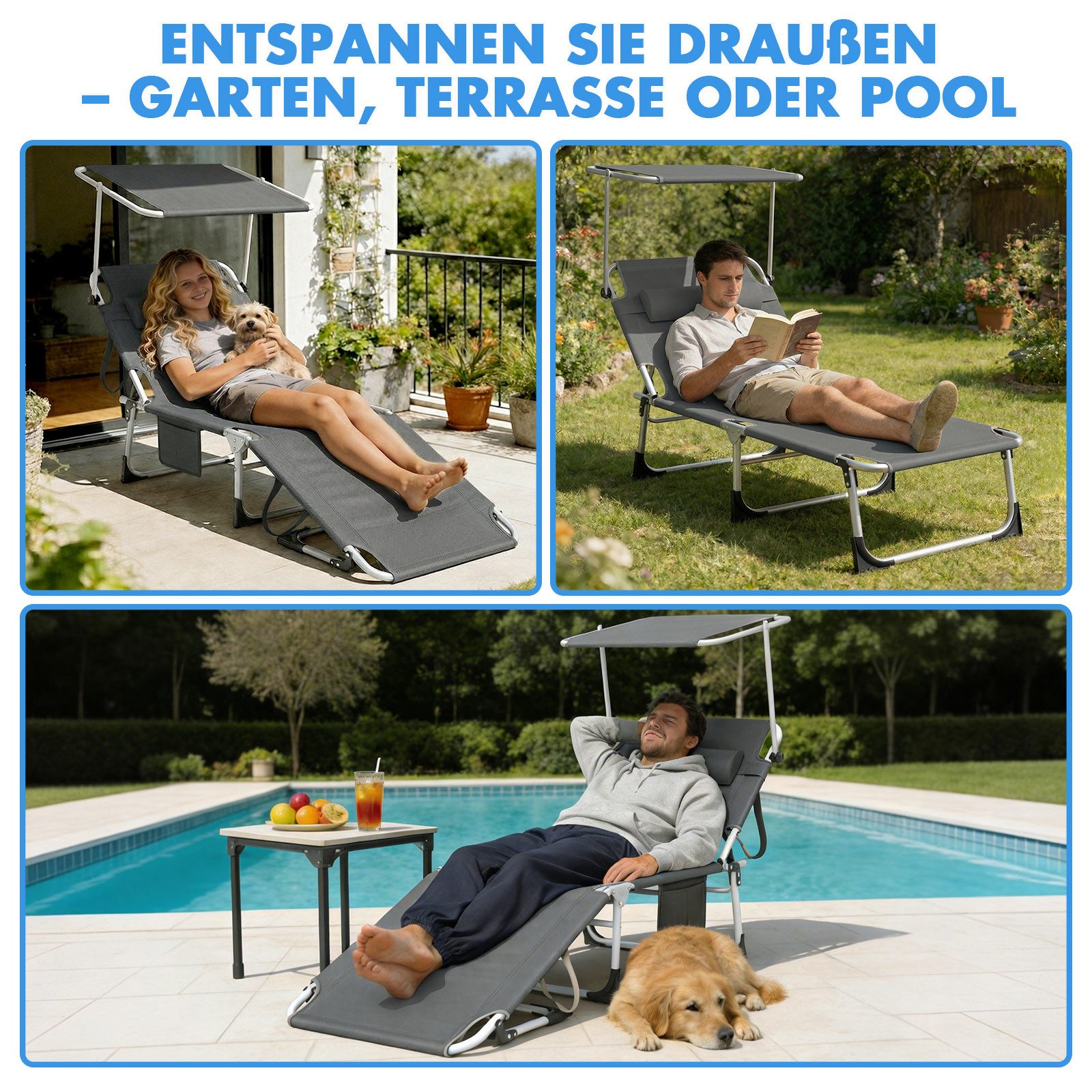 Huracan Gartenliege Sonnenliege mit Dach, Gartenliege mit Kopfkissen&Seitentasche, 1 St., Sonnenliege klappbar für Strand, Extra Breiter Liegefläche, Verstellba – Bild 4 von 5