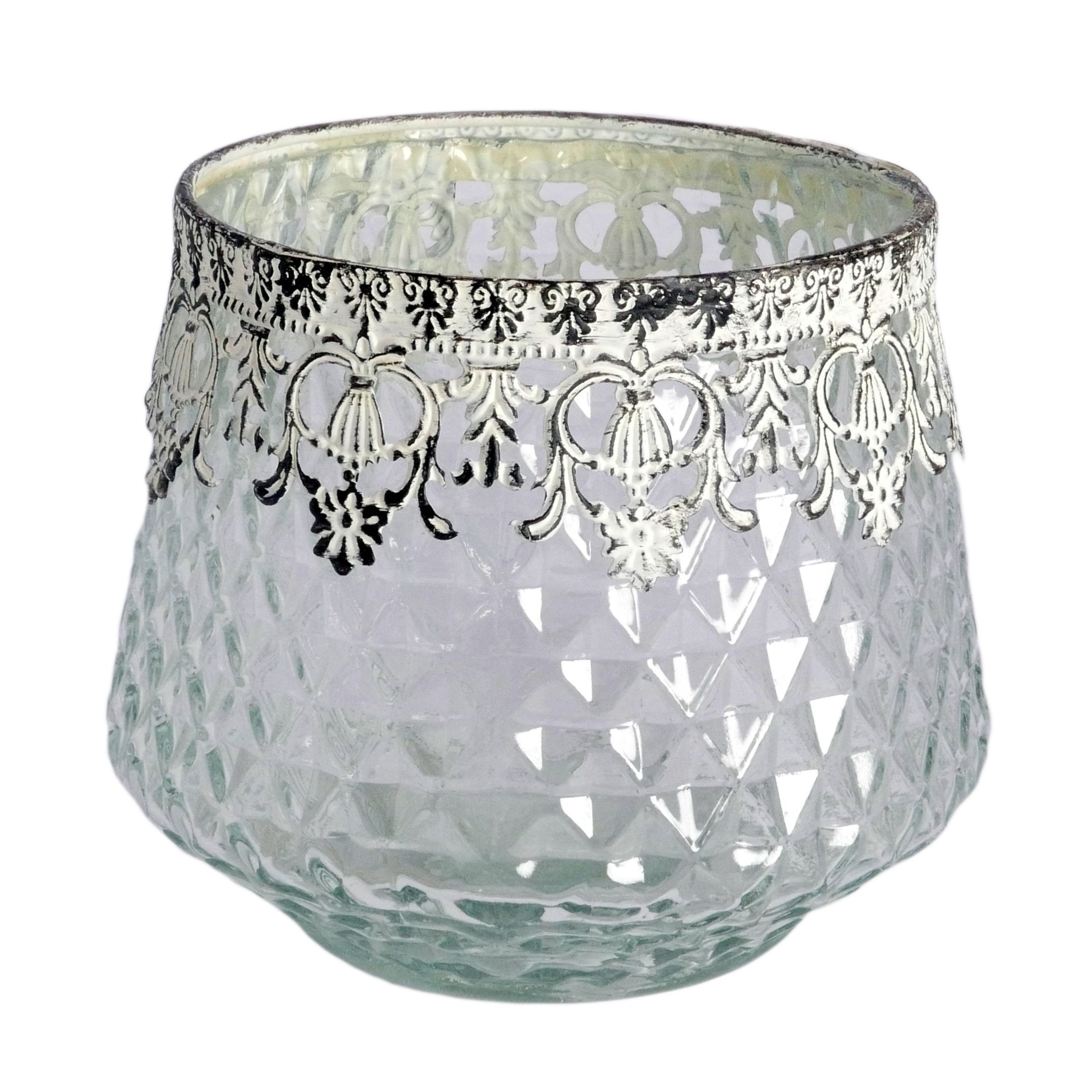 Windlicht Teelichtglas Zierrand Metall