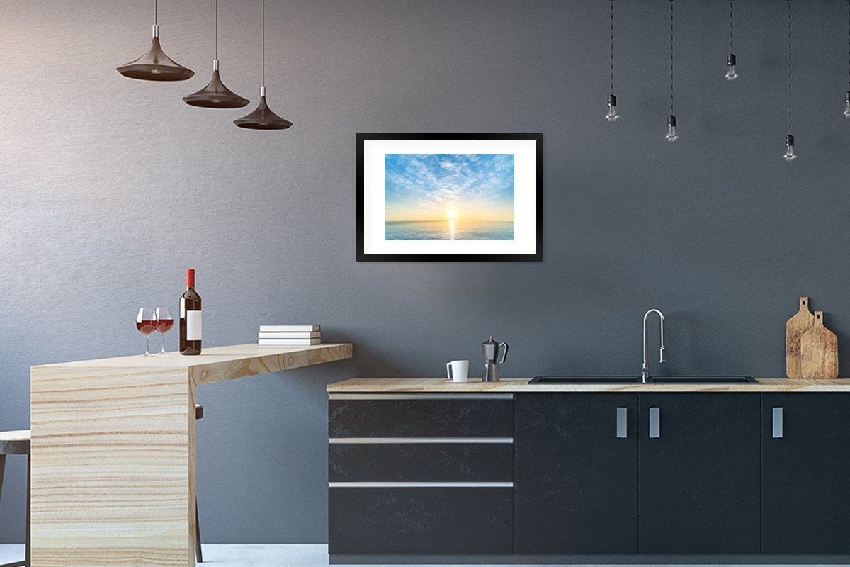 MuchoWow Poster Meer - Sonne - Wolken, (1 St), mit Rahmen, Kunstdruck, Gerahmtes Poster, Schwarzem Bilderrahmen