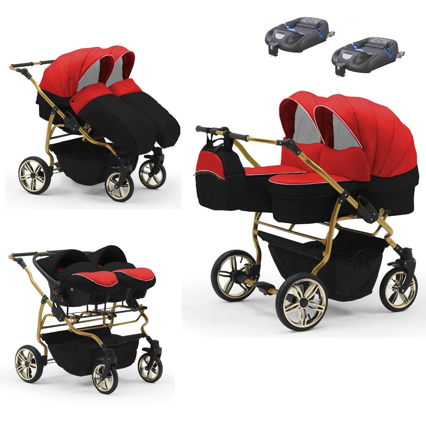 babies-on-wheels Zwillingswagen Zwillingswagen Duet Lux Gold 4 in 1 - 15 Teile - in 33 Farben Rot-Schwarz-Rot-Schwarz