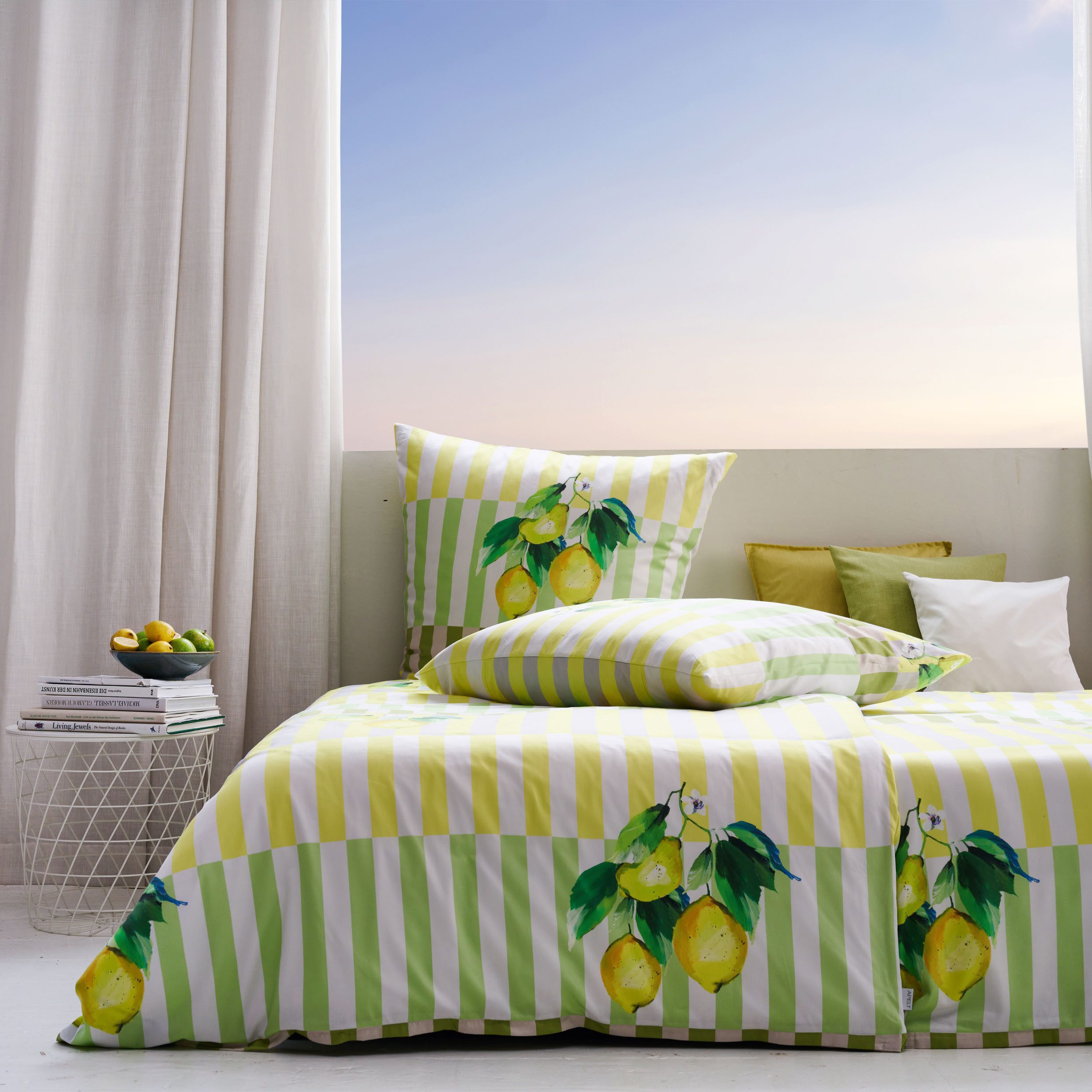 APELT Bettwäsche Fresh Gots, Satin (Bio-Baumwolle), Zitronen auf Streifen