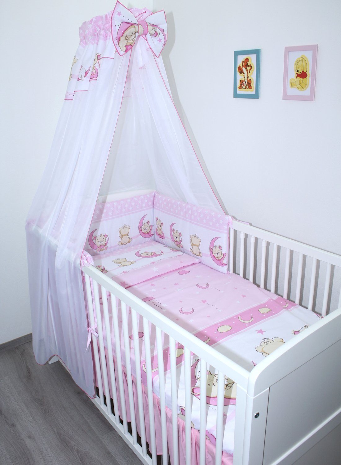 Babybettwäsche Baby Bettset - 6 teiliges Set mit Chiffon Himmel Bettwäsche Nestchen