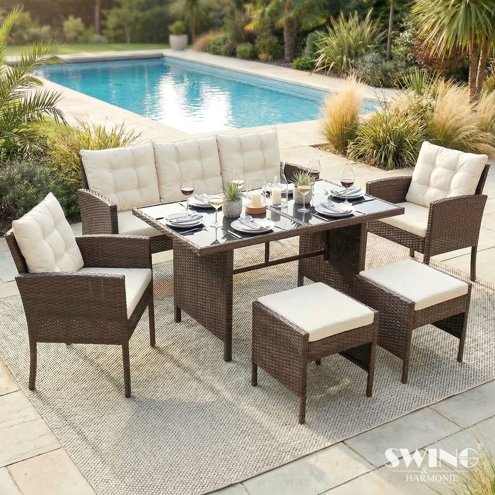 Swing&Harmonie Gartenlounge-Set Rattan Sitzgruppe für 7 Personen Polyrattan, (Set, Esstisch Lounge Sitzgarnitur Essgruppe), Gartenmöbel Set 6-teilig