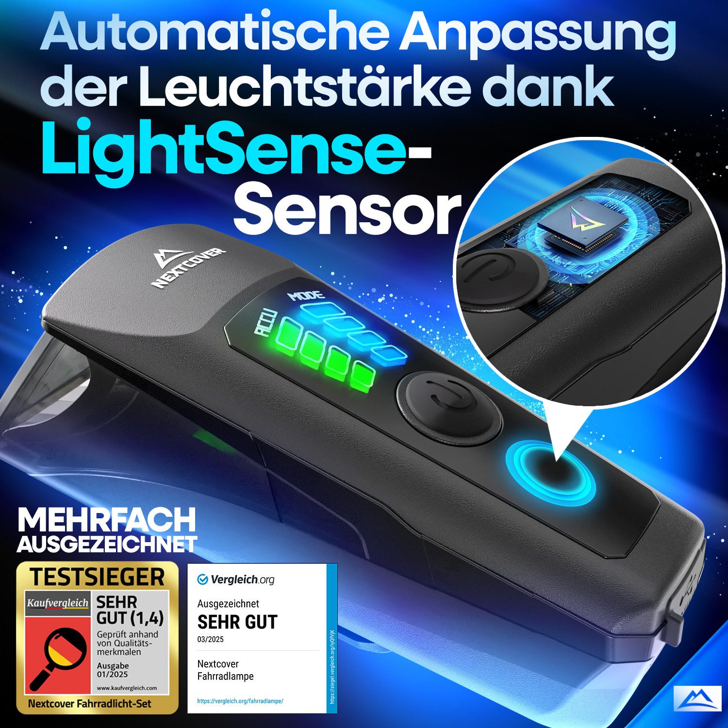 Nextcover Fahrradbeleuchtung NEXTCOVER® Fahrradlicht Set mit [LightSense] Sensor & 11h Akkulaufzeit