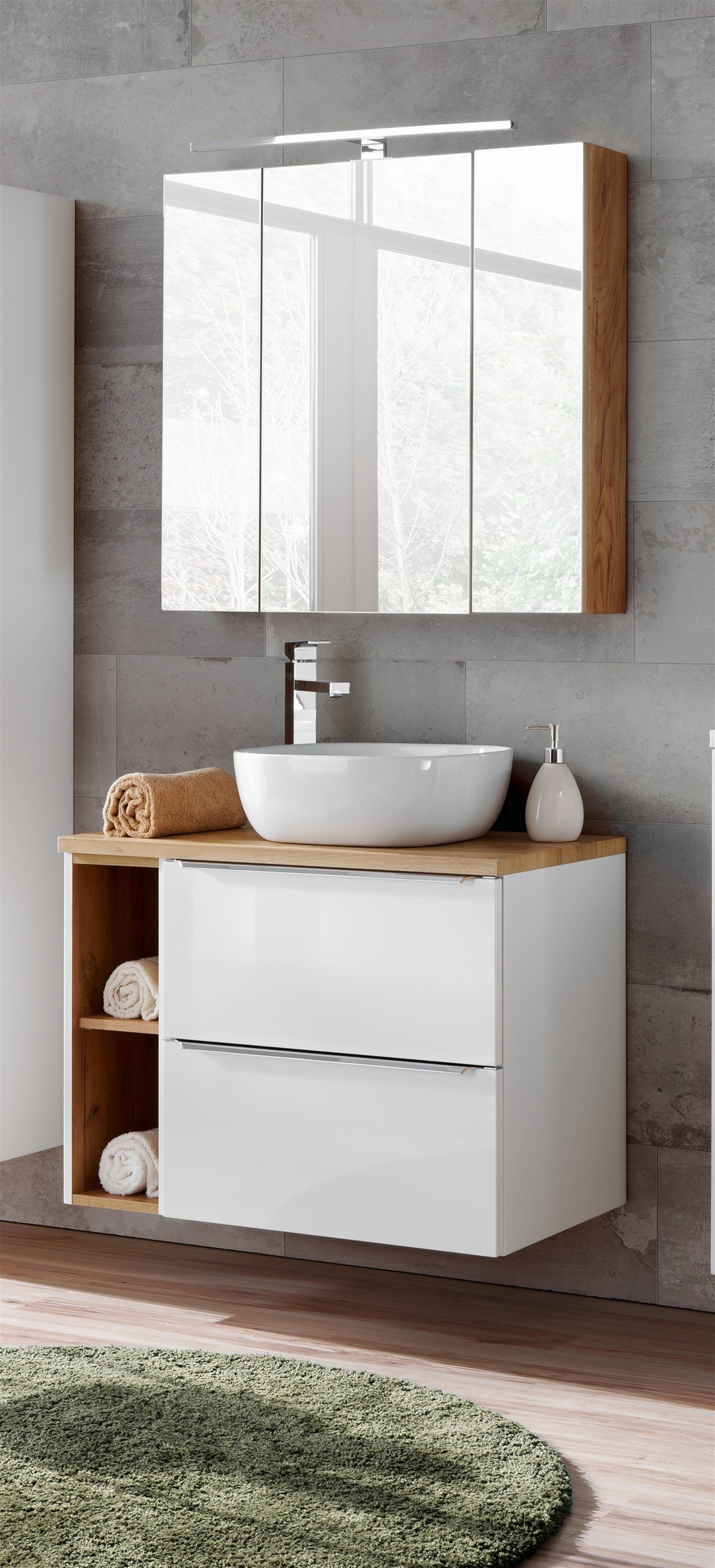 Fun Möbel Badezimmer-Set Set 5-tlg/4-tlg PERUGIA Weiß Hochglanz mit/ohne Waschbecken, (Komplett- oder Spar-Set, 5-St), Schubladen und Türen mit Soft-Close-System