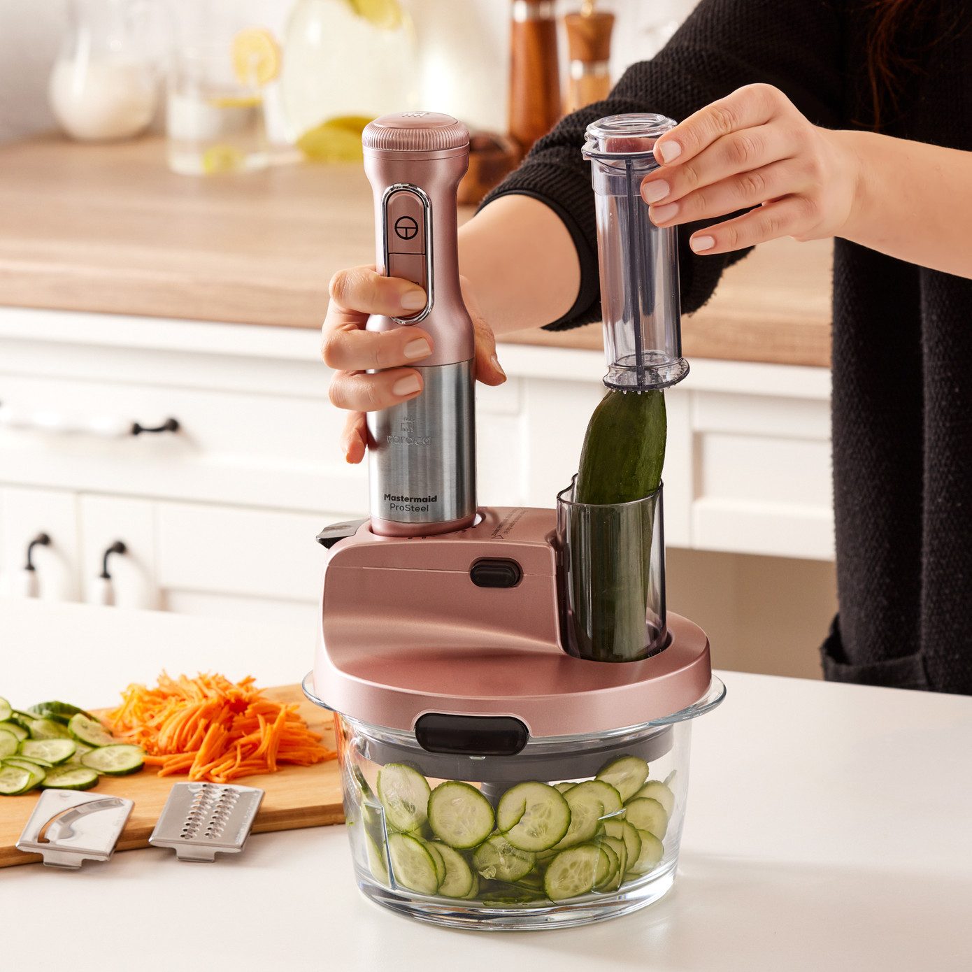 Karaca Küchenmaschine Mastermaid Küchenroboter aus Stahlglas Langer Mixer Standmixer Zeerkleinerer 2500 W Rosegold