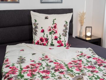 Bettwäsche Baumwolle, Traumschloss, Seersucker, 2 teilig, mit frischen Blumen in rosa auf weißem Hintergrund