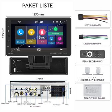 Hikity 1Din 9" Touchscreen Abnehmbarer Bildschirm MP5 Player Carplay Android Autoradio (FM Radio, Spiegel Link Bluetooth)