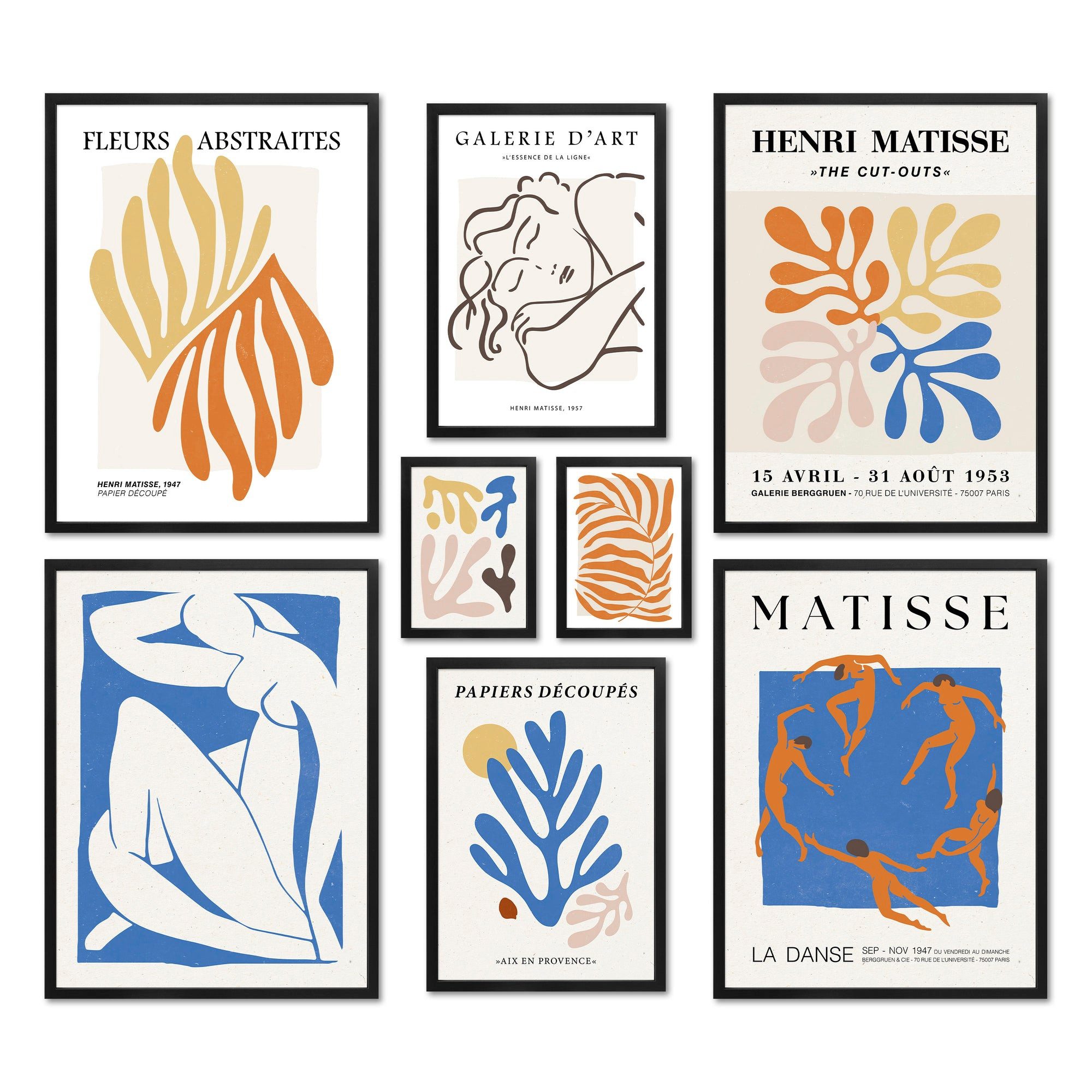 ARTFAVES Bilder-Collage Poster Set - MATISSE NO. 1 - Deko Wandbilder abstrakt, blau, Henri Mat, (Wandbilder modern, 8 St)