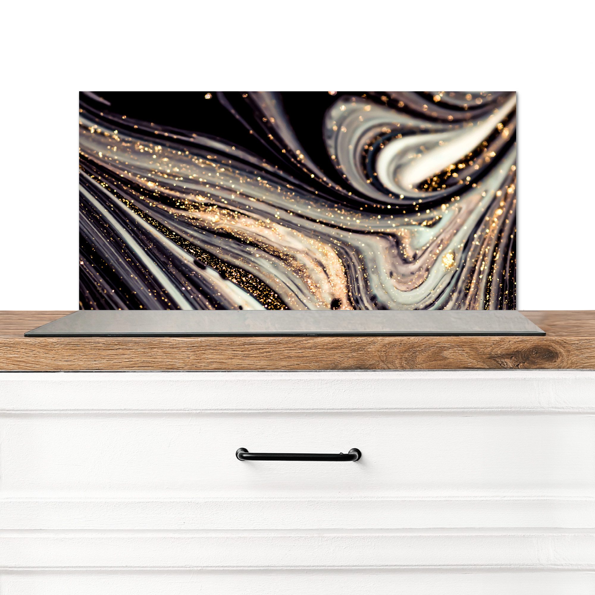 KitchenYeah Küchenrückwand Marmoroptik/print - Schwarz - Gold - Weiß - Glitter - Marmor, (1-tlg), Rückwand Küche, Wandschutz, Deko, 70x30 cm