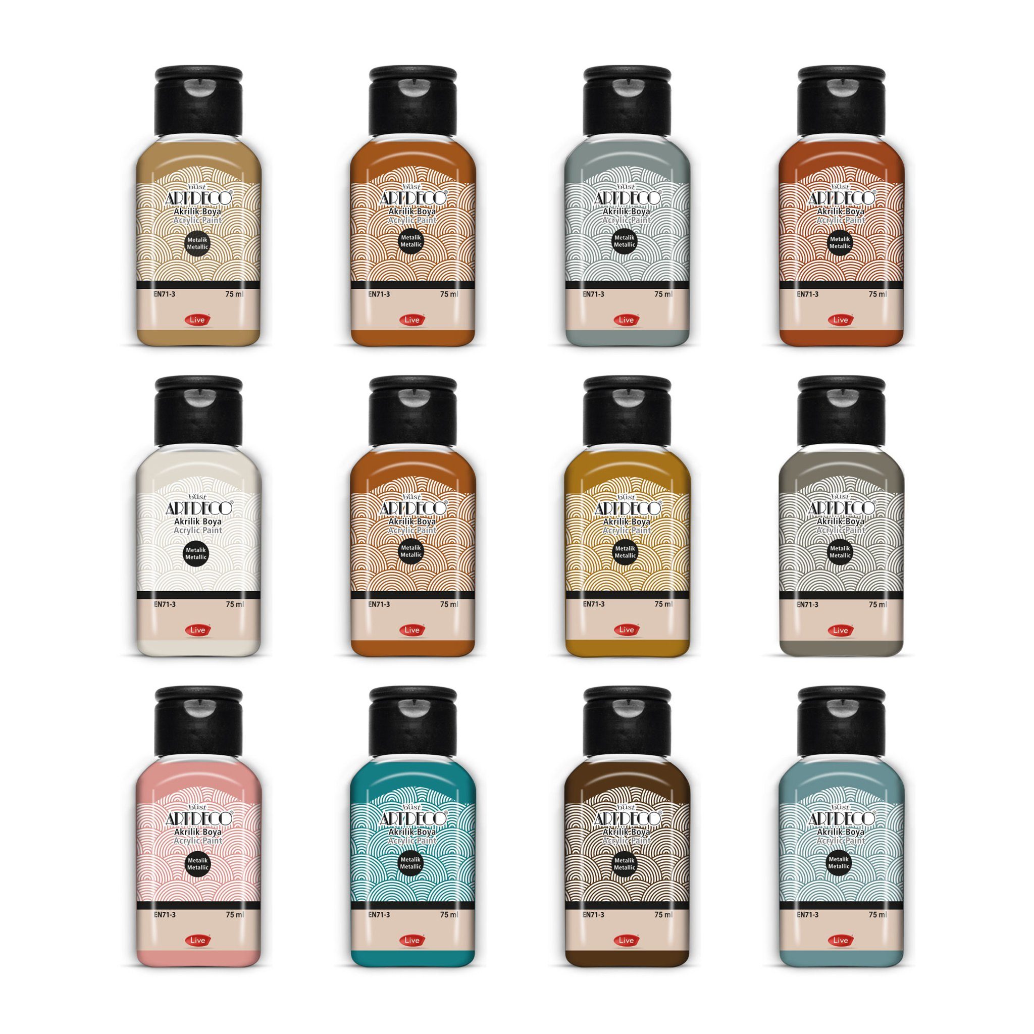 Büst Artdeco Metallglanzfarbe Metallic Acrylfarben, 12er-75ml, Brillante Farben