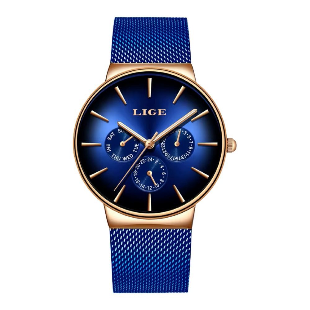 Lige Quarzuhr Lige 9936 Damenuhr Chrono Netzarmband Zifferblatt Blau L-9936