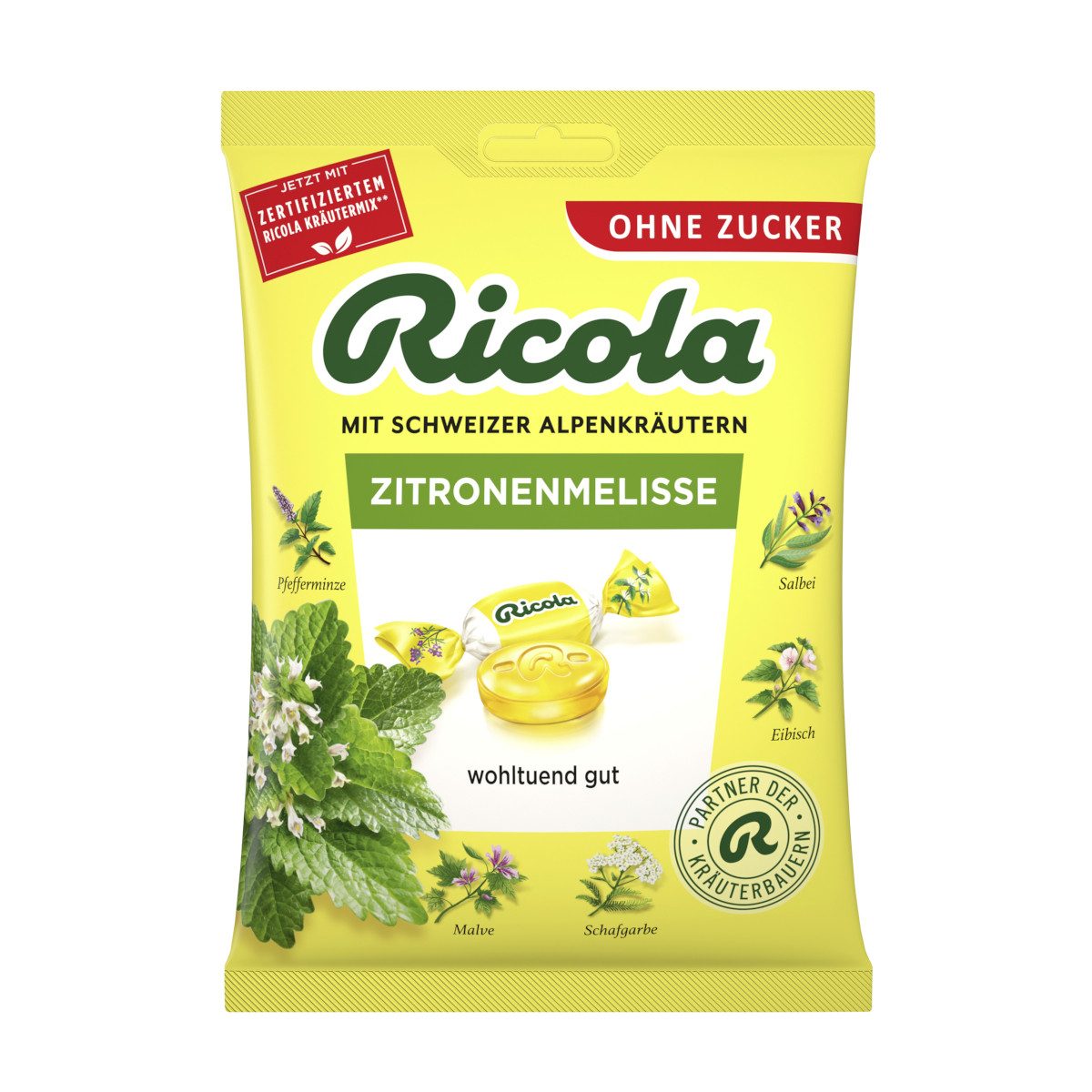 RICOLA Süßigkeit, Ricola Original Kräuter mit Zitronenmelisse ohne Zucker Packung 75g