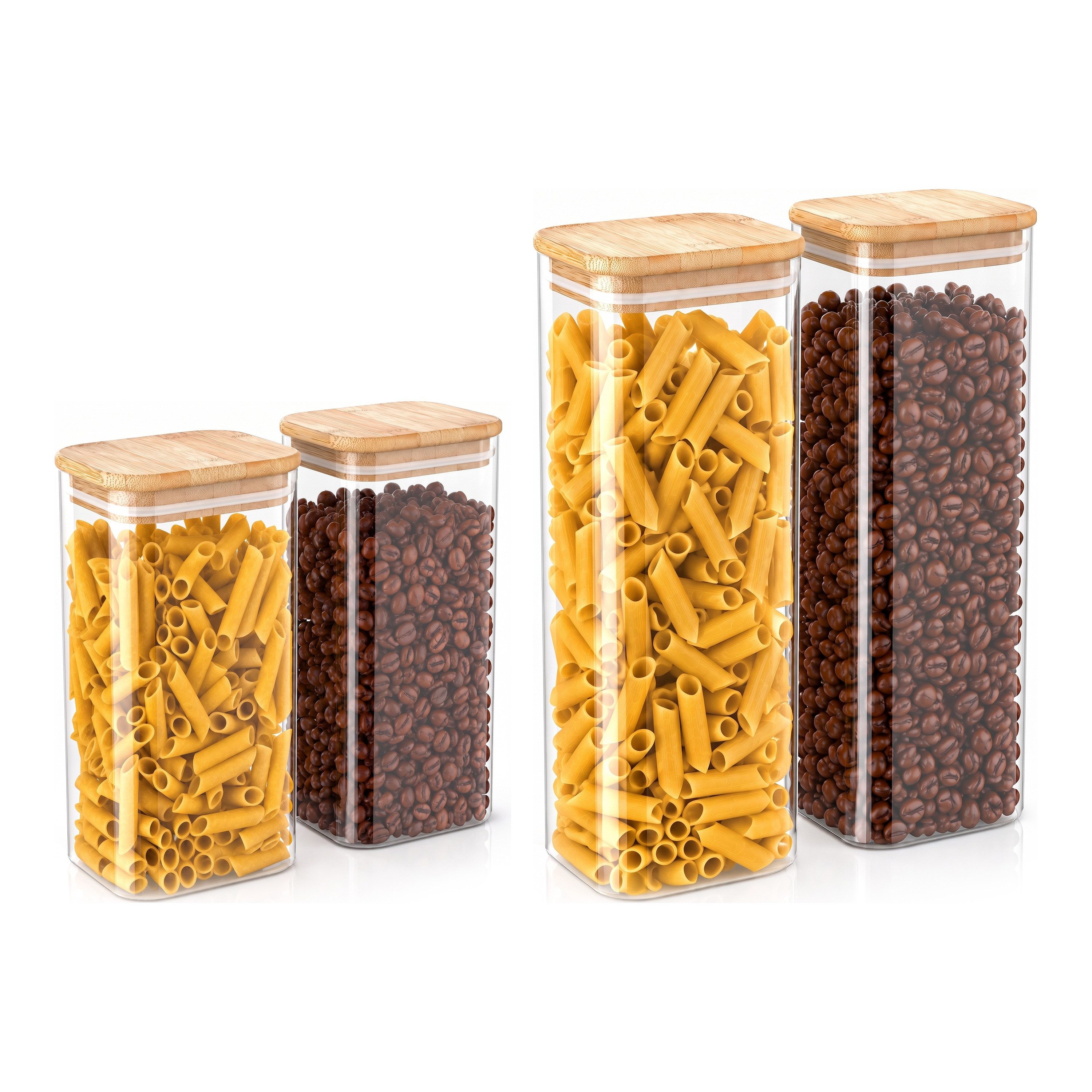 Arendo Vorratsglas eckig mit Bambusdeckel und Silikondichtung, luftdicht, 2 Größen, Borosilikatglas, (Set, 4-tlg., 2 x 1600 ml, 2 x 2250 ml), Glas gefrier-, mikrowellen- & spülmaschinenfest, -40 bis +400 °C