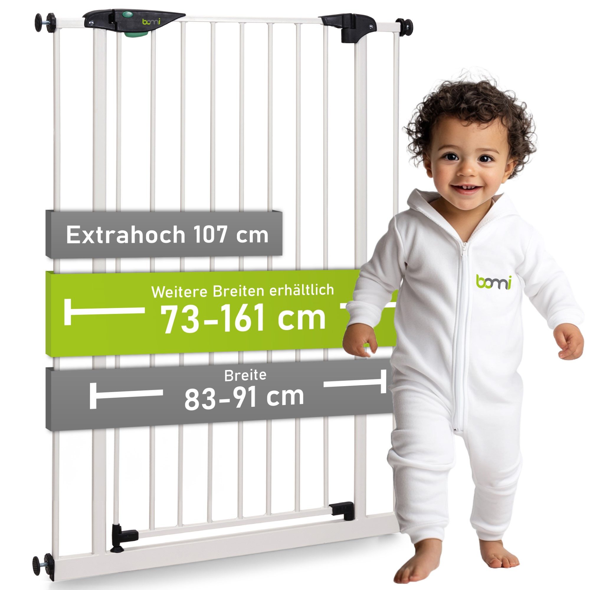 BOMI Türschutzgitter Kinderschutzgitter extra hoch, ohne Bohren, Mira 73-161 cm (Hundegitter & Kindergitter klemmbar, weiß, Metall), Treppenschutzgitter mit 90°-Festellfunktion & 2-Wege-Öffnung