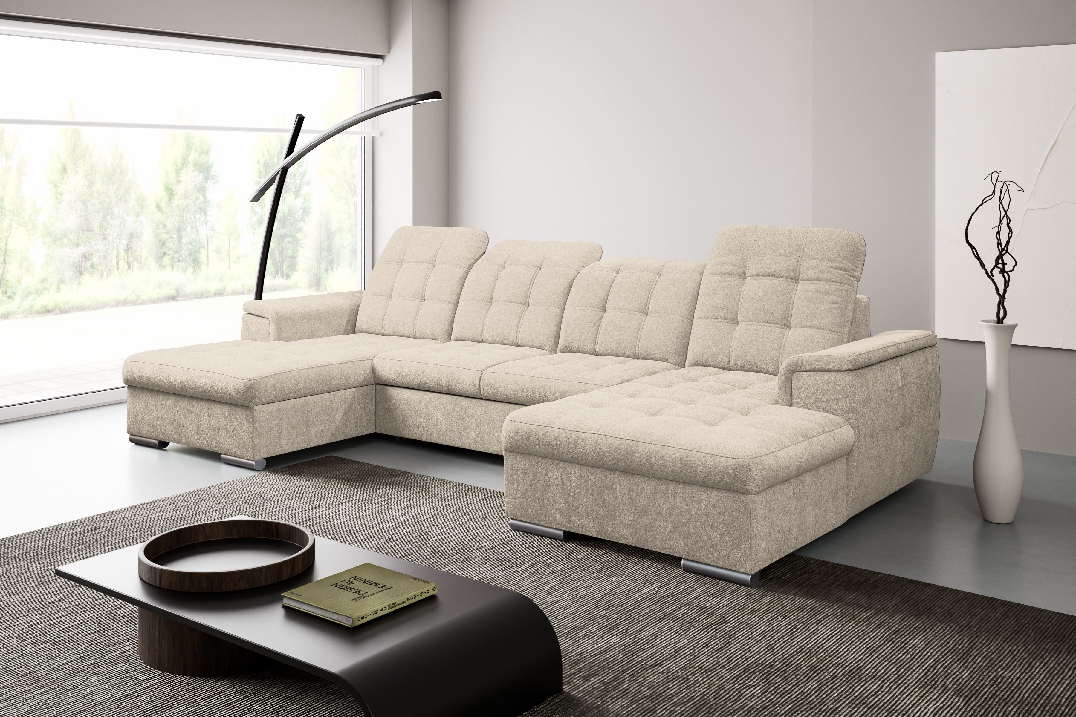 WERK2 Wohnlandschaft Napoli zeitlos, elegant, bequem, Breite 330cm, U-Form, verstellbare Kopfteile, mit Schlaffunktion und Bettkasten