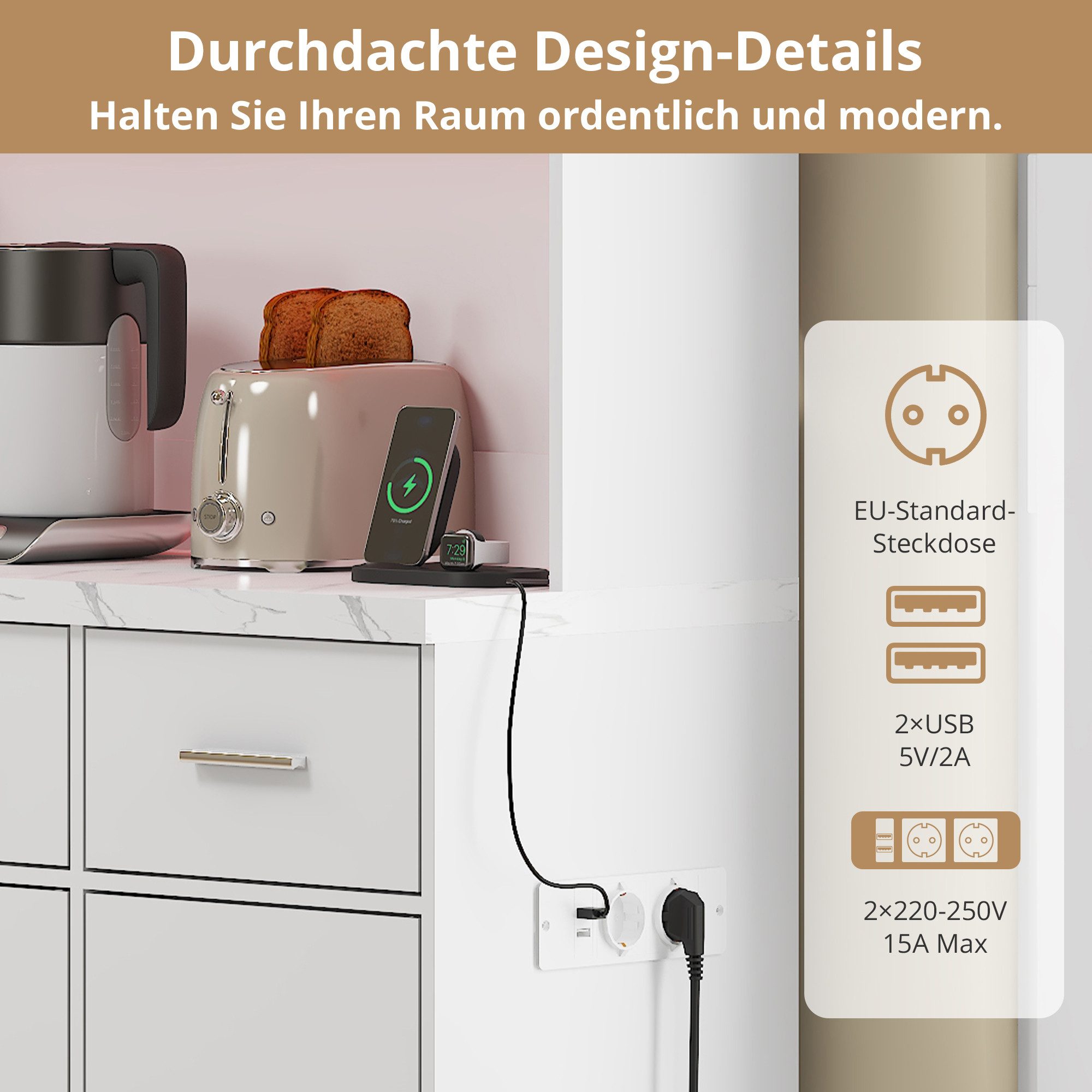 Flieks Küchenbuffet mit LED-Beleuchtung und Steckdosen (1-St., 100x40x180cm) Hochschrank Küchenschrank Geschirrschrank mit verstellbare Ablagen – Bild 5 von 5
