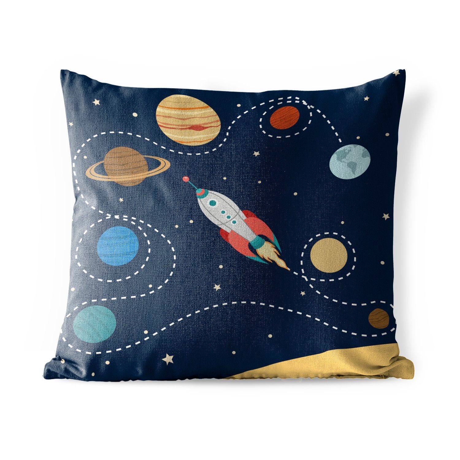 MuchoWow Dekokissen Eine Illustration einer Rakete, die durch das Sonnensystem fliegt, Kissenbezüge, Kissenhülle, Dekokissen, Dekokissenbezug, Outdoor