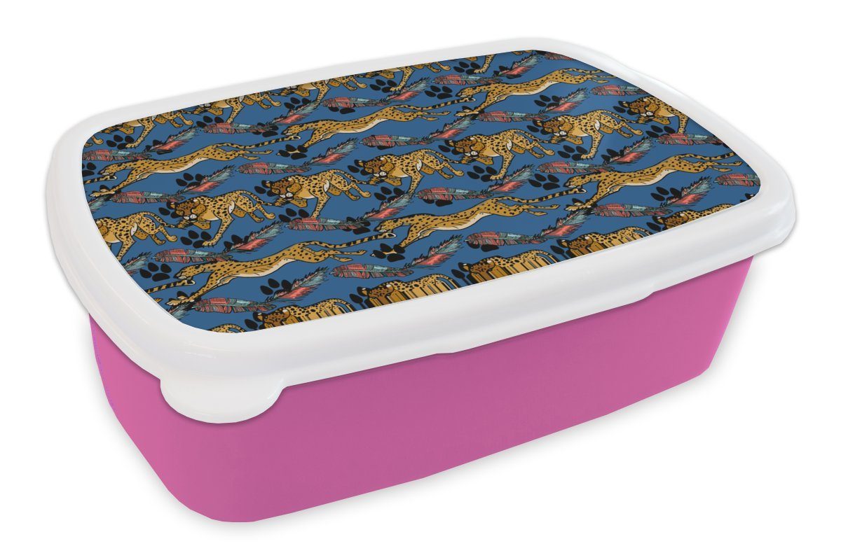 MuchoWow Lunchbox Muster - Gepard - Federn, Kunststoff, (2-tlg), Brotbox für Erwachsene, Brotdose Kinder, Snackbox, Mädchen, Kunststoff rosa