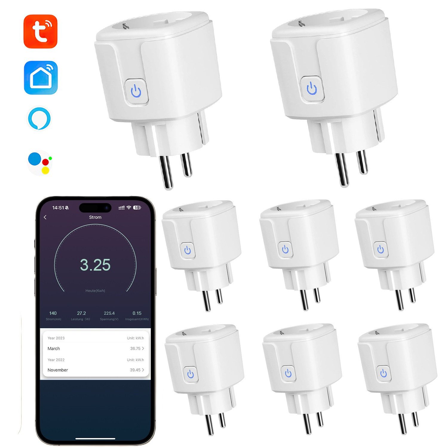 DOPWii Steckdose 8er 16A Smart Steckdose mit App Steuerung, WLAN-Steckdose, Smart Plug, 8er-Pack, 8-St., 8er-Pack EU 16A, Kompatibel mit Europäischen Розетки, 16A WLAN-Steckdose mit Zeitschaltuhr,Alexa & Google Home Kompatibel