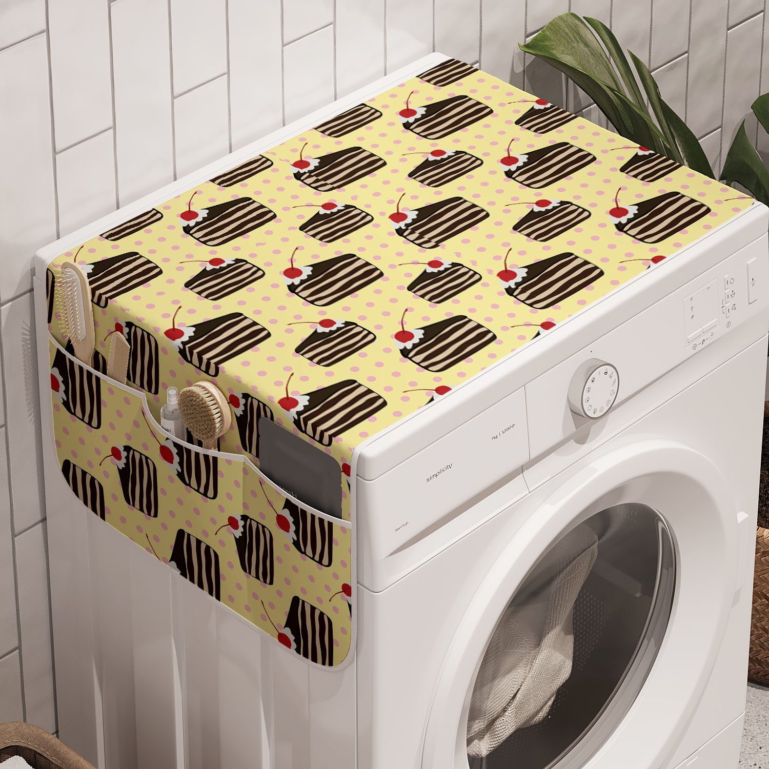 Abakuhaus Badorganizer Anti-Rutsch-Stoffabdeckung für Waschmaschine und Trockner, Karikatur Kuchen-Scheiben auf hellgelbem
