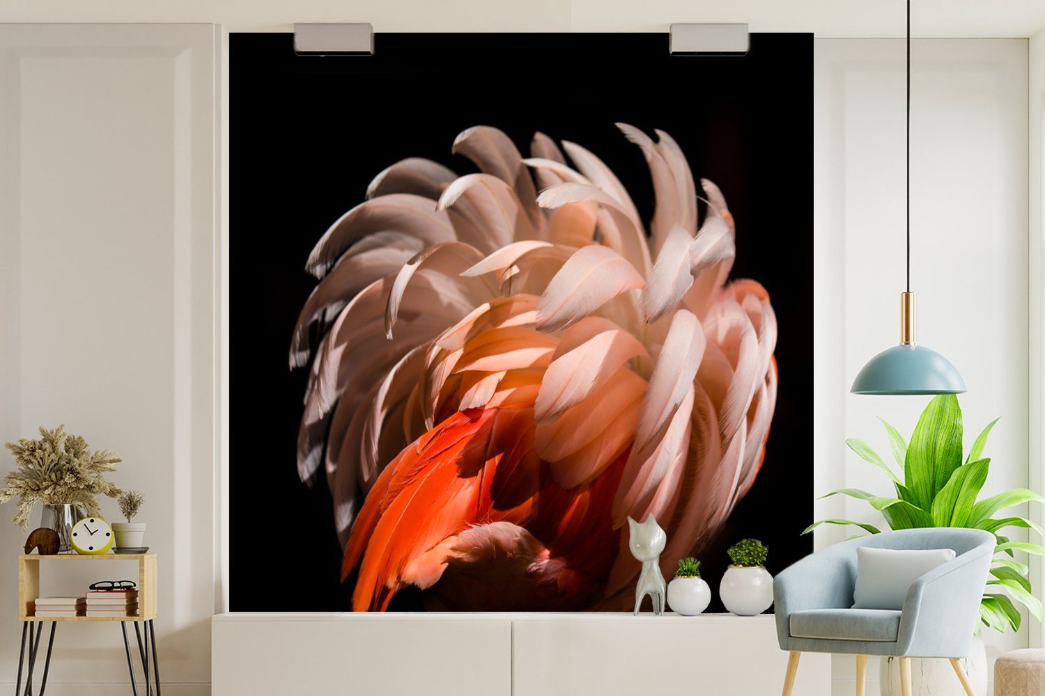 MuchoWow Fototapete Flamingo - Federn bedruckt, Vliestapete (4 St), Schlafzimmer Küche, Fototapete Matt, Licht Wohnzimmer für - Makro, 