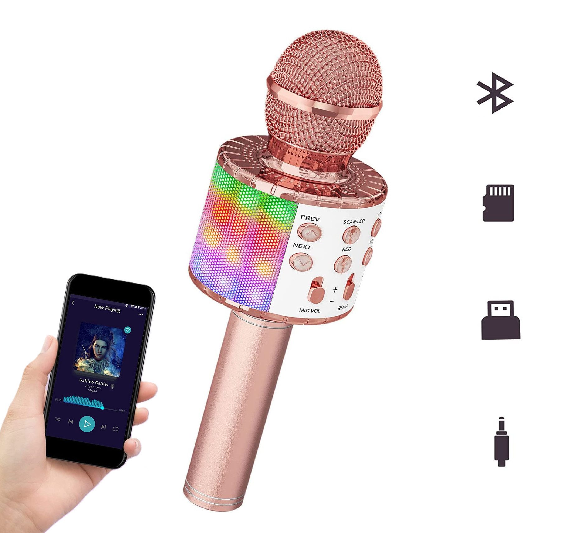 Mikrofon Karaoke Mikrofon Bluetooth,Mikrofon Kinder Kabellos mit LED-Leuchten