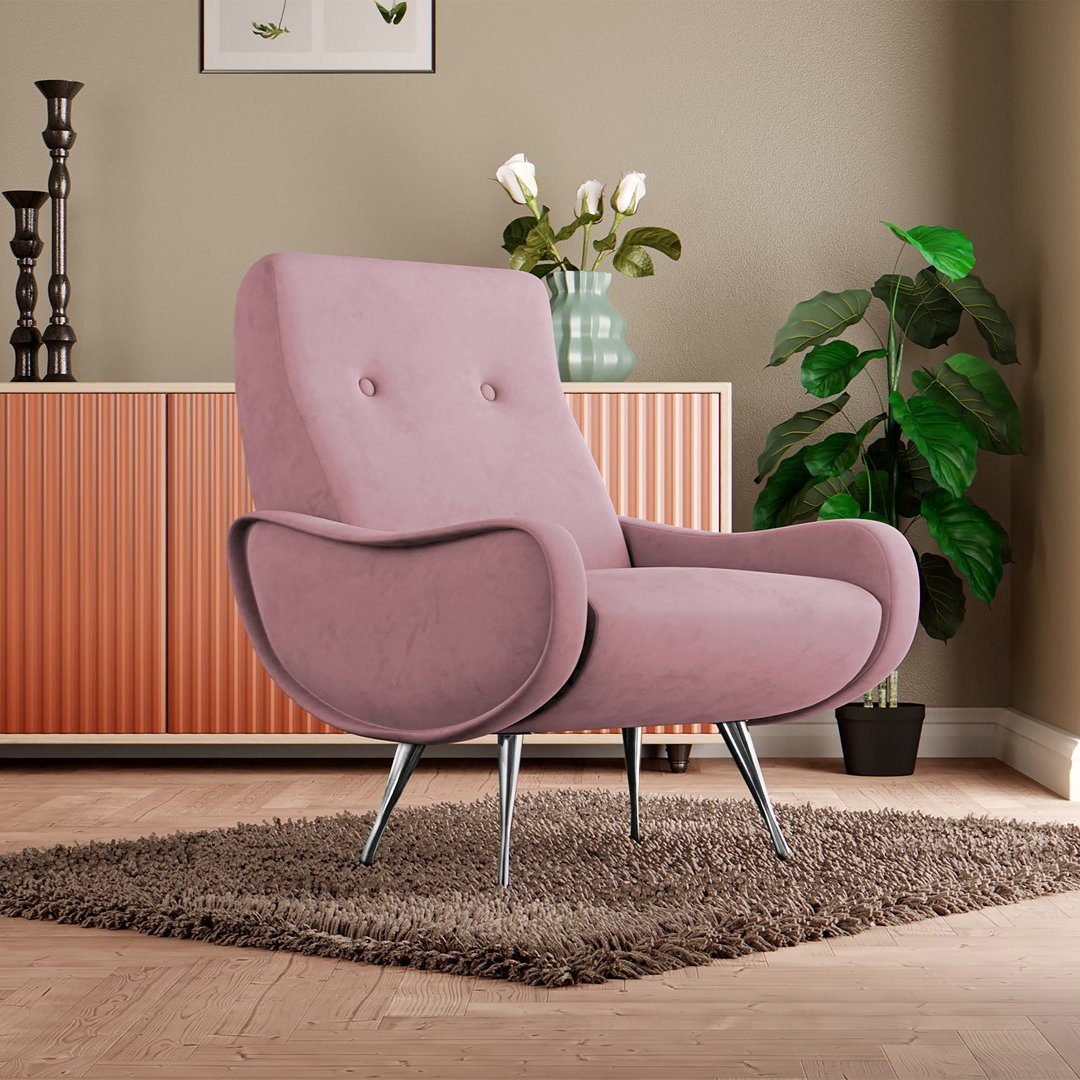 Beautysofa Sessel Casio (Polstersessel mit Metallbeine, Sessesl aus Velours), Cocktailsessel für Wohnzimmer Rosa (Matt Velvet 63)