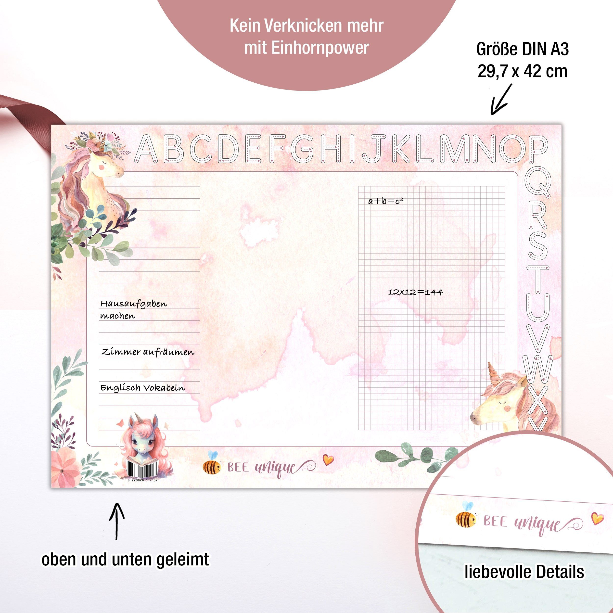 TOBJA Schreibtischunterlage A3 Schreibtischunterlage Einhorn Mädchen Rosa Unicorn – Bild 3 von 5