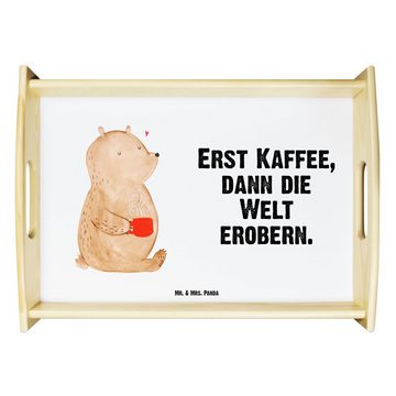 Mr. & Mrs. Panda Tablett Bär Kaffee - Weiß - Geschenk, Teddy, Tablett, Dekotablett, Frühstücks, Echtholz lasiert, (1-tlg), Anti-Rutsch Pads
