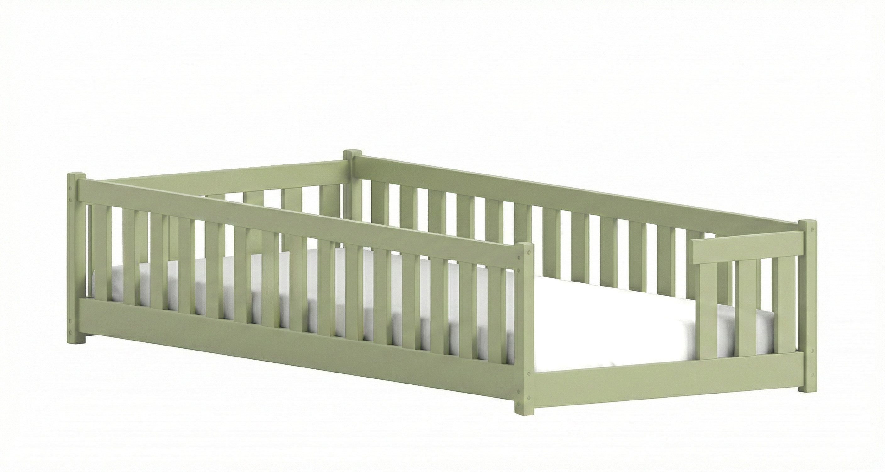 Kids Collective Kinderbett Bodenbett mit Rausfallschutz & Lattenrost Montessori Betten Kinder (Verfügbare Größen: 80 x 160, 80 x 180, 90 x 190, 90 x 200, 120 x 200, 140 x 200 cm), Jugendbett Einzelbett Kiefer Olivgrün 80x160 cm