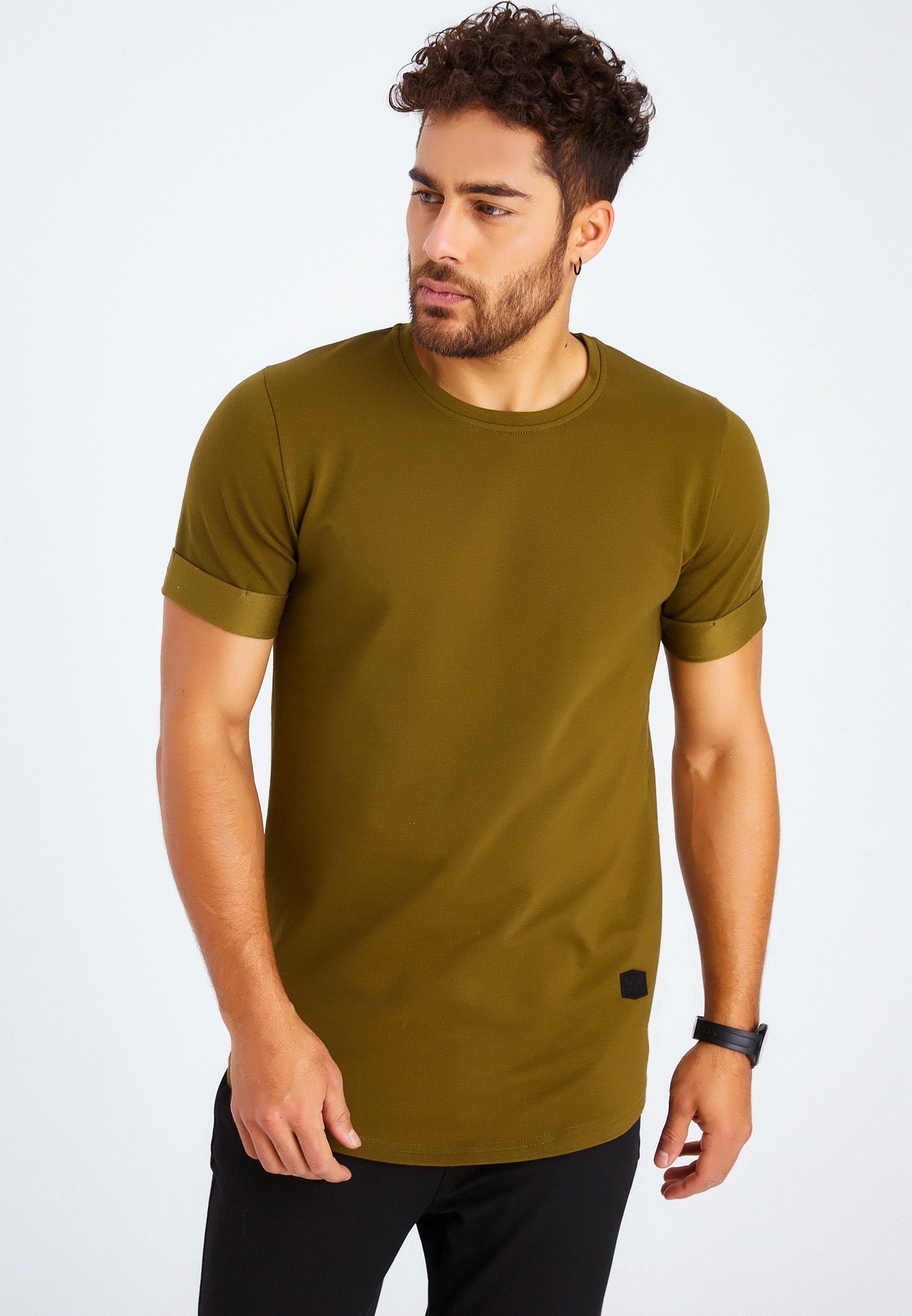 Leif Nelson T-Shirt Herren T-Shirt khaki Rundhals LN-6368