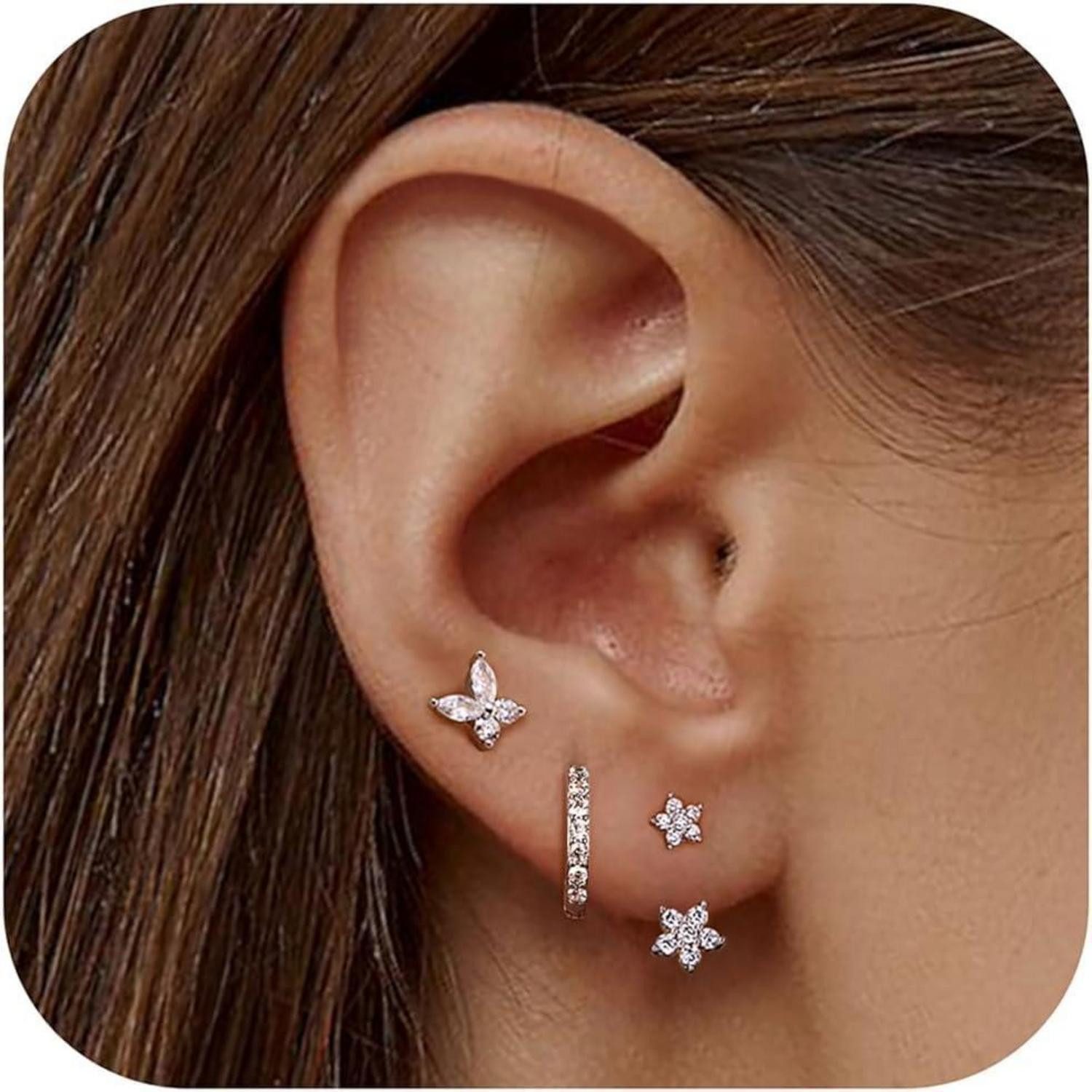 LuxusKollektion Schmuckset Ohrringe Set Silber 925 Ohrstecker Creolen Zirkonia Piercings 3 Paar