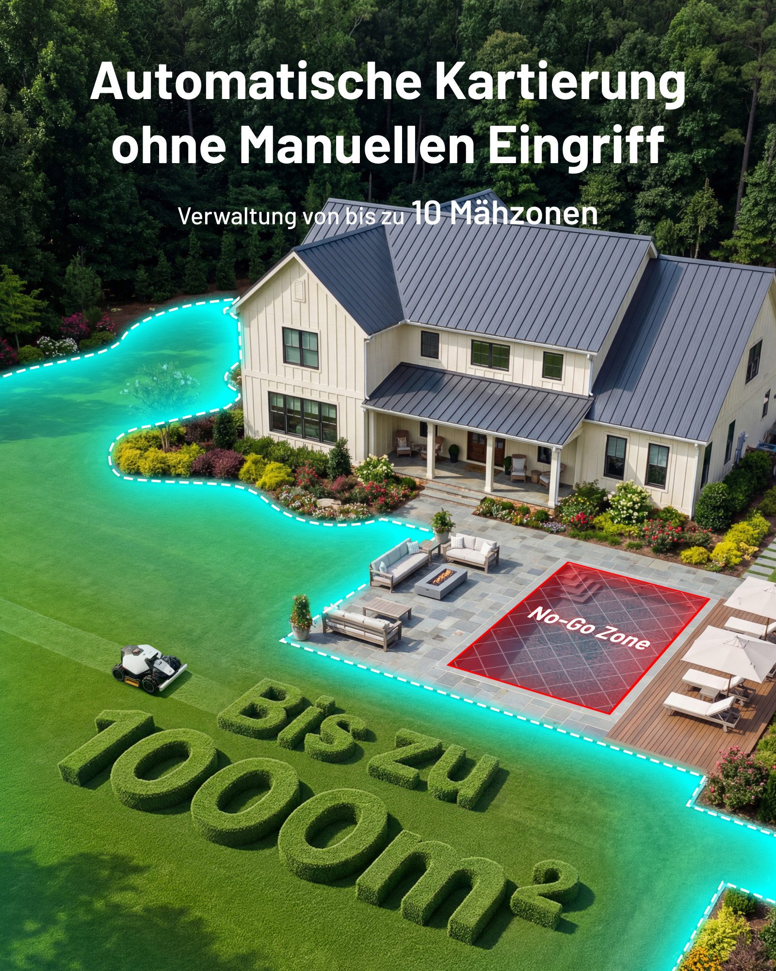 Mammotion Rasenmähroboter LUBA Mini 2 AWD 1000 Mähroboter ohne Begrenzungskabel, bis 1000 m² Rasenfläche, Triple-Kamera KI-Vision + NetRTK, Randmähen, DropMow, Auto-Kartierung