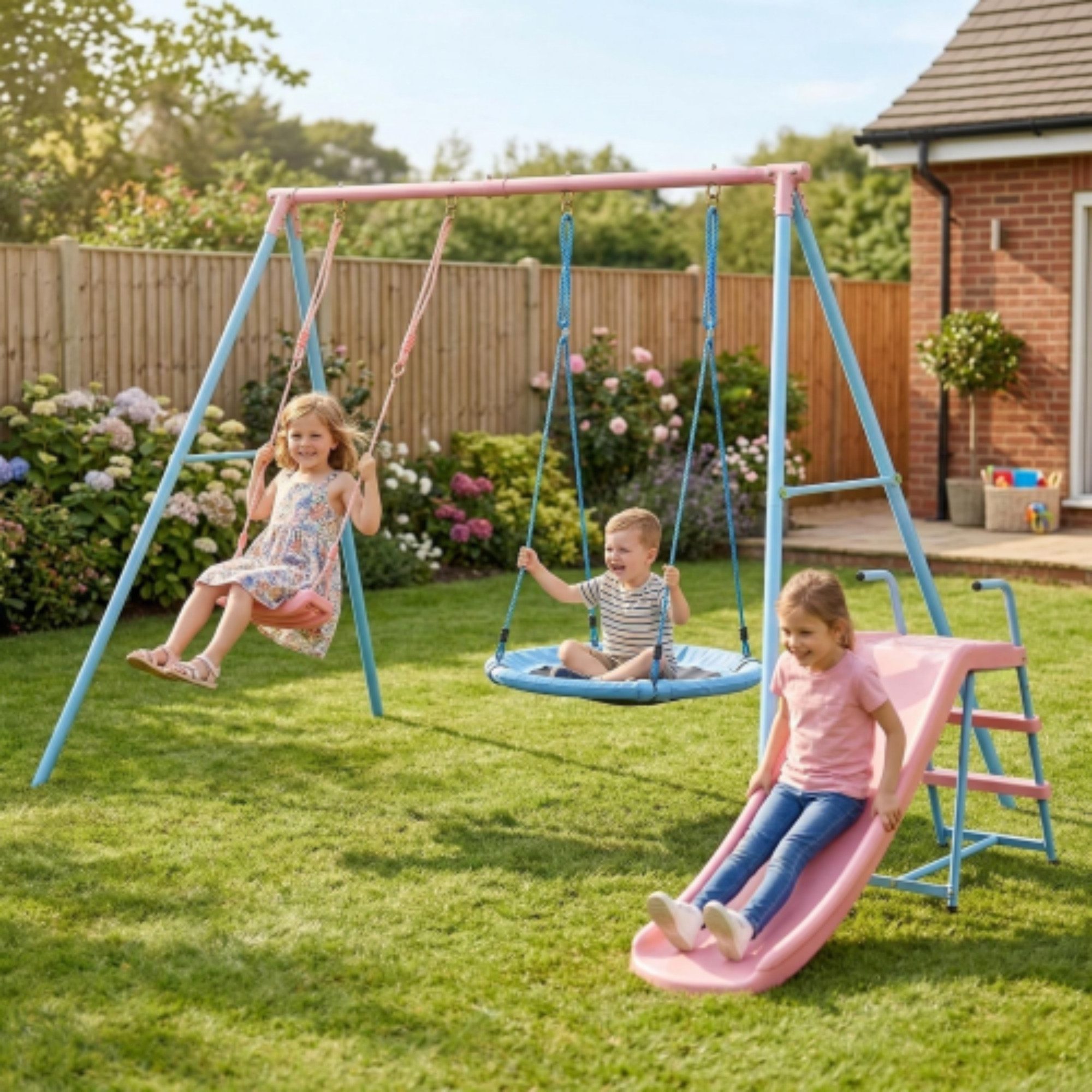 LVHOM Schaukelkombination 330x136x180cm, Gartenschaukel mit Rutsche, stabilem Gestell, (1x klassische Schaukel mit Sitzfläche+Scheibenschaukel+Rutsche, Metallrahmen in A-Form, bis zu 50kg, pflegeleicht, einfache Montage), für verschiedene Außenbereiche wie Terrassen, Gärten und Balkone