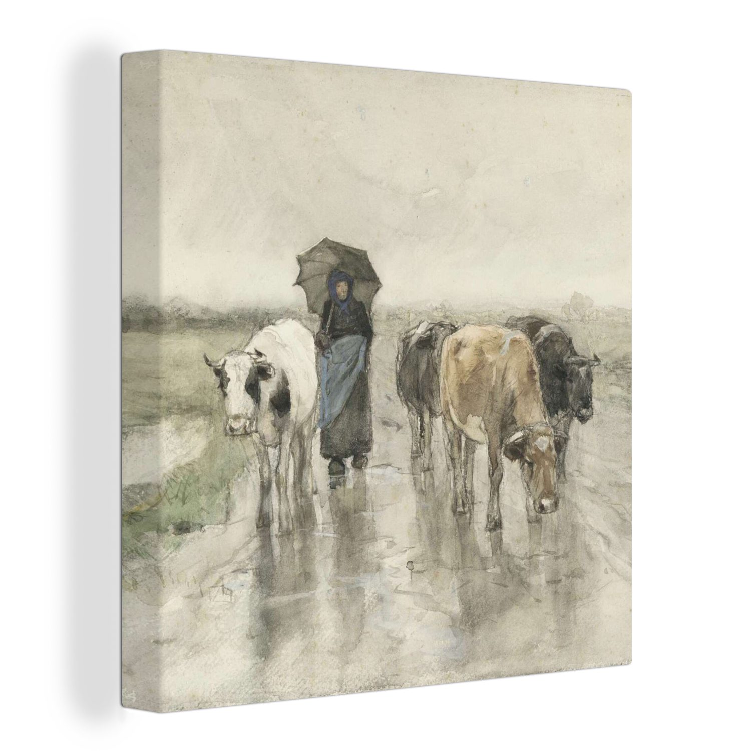 OneMillionCanvasses® Leinwandbild Eine Bäuerin mit Kühen auf einer Landstraße im Regen - Gemälde von, (1 St), Leinwand Bilder für Wohnzimmer Schlafzimmer bunt