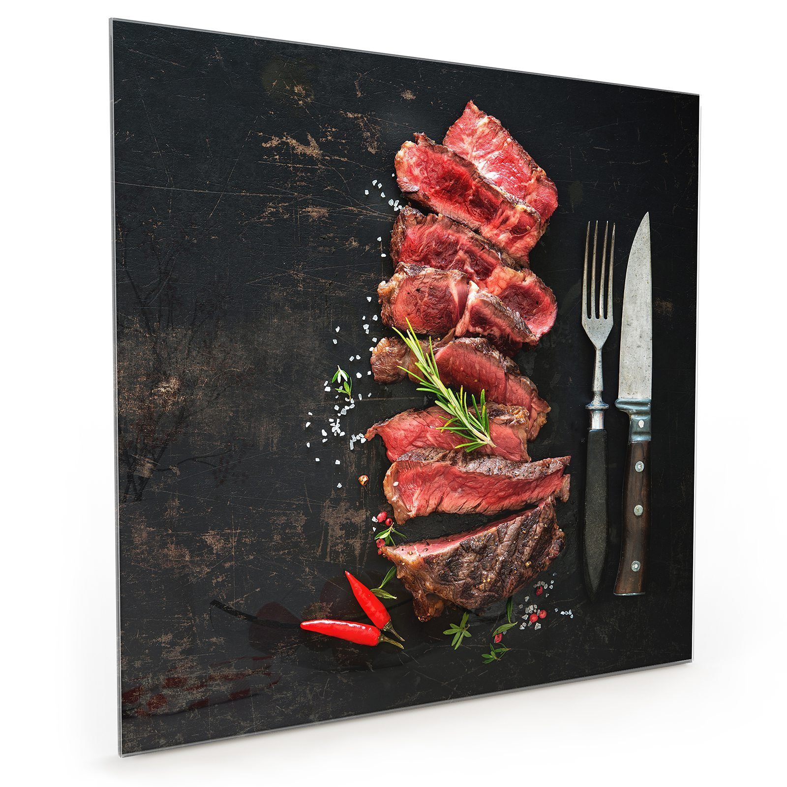 Primedeco Küchenrückwand Küchenrückwand Spritzschutz Glas mit Motiv Ribeye Steak geschnitten