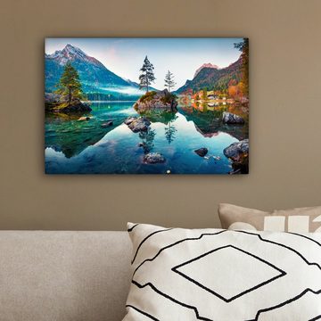 OneMillionCanvasses® Leinwandbild Berge - See - Bäume - Natur - Wasser, (1 St), Wandbild Leinwandbilder, Aufhängefertig, Wanddeko, 30x20 cm