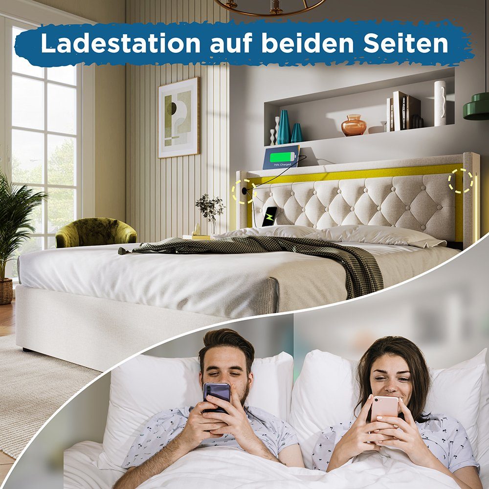 Polsterbett (160x200cm Doppelbett mit Lattenrost, LED-Beleuchtung und Matratze), Stauraumbett mit USB Typ C Ladefunktion Kopfteil, Baumwolle-Leinen