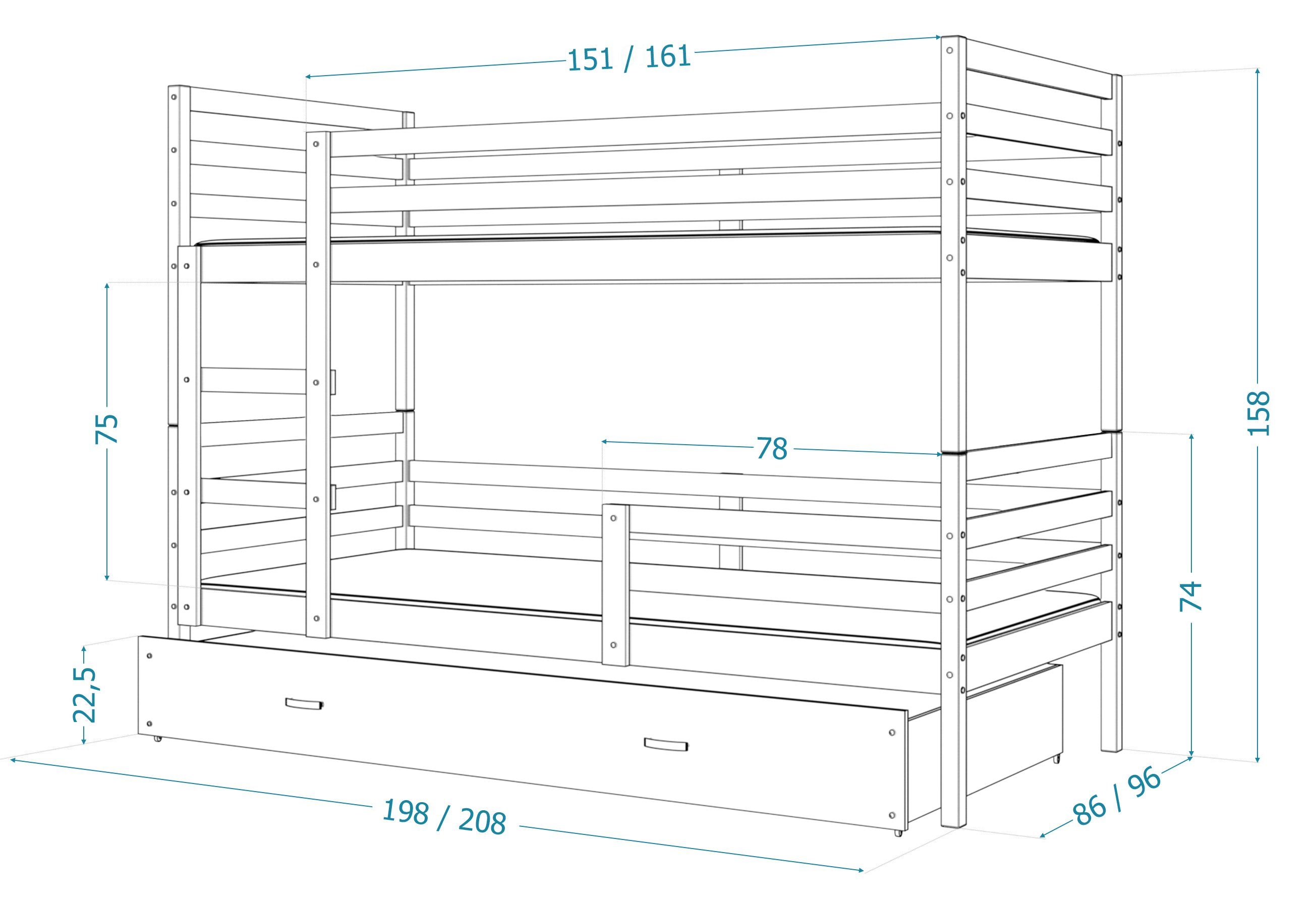 Siblo Kinderbett Jerry 3 Möbelplatte Schublade, Sicherheitsbarriere), (Flexibler Weiß Bett Lattenrost, Massivholz