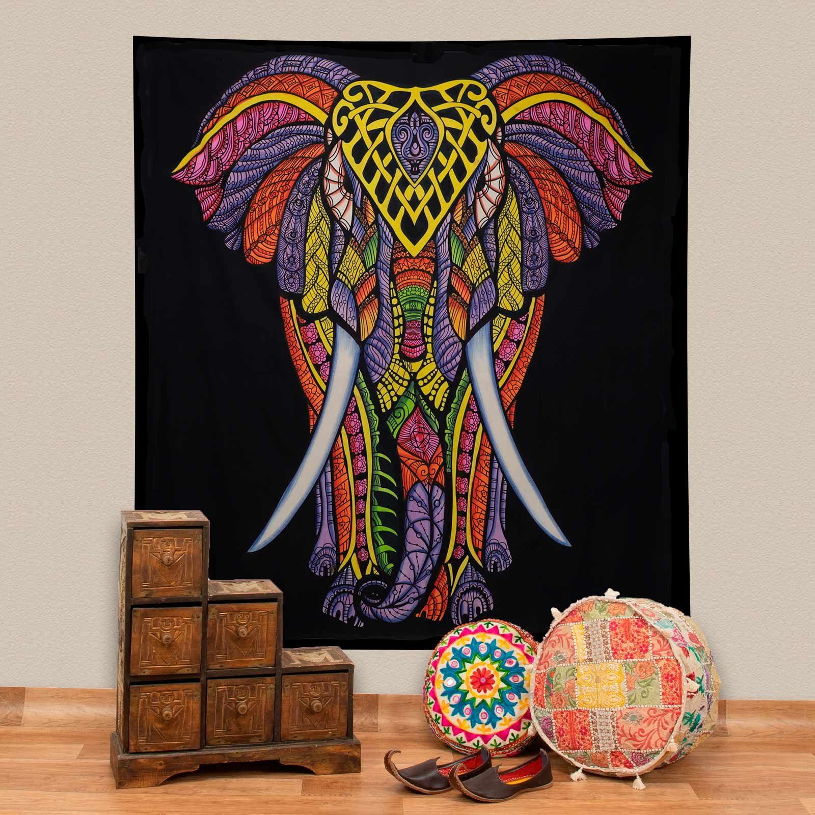 KUNST UND MAGIE Wandteppich XL Tagesdecke Wandbehang Deko Tuch Elefant UV Aktiv ca. 205 x 225 cm
