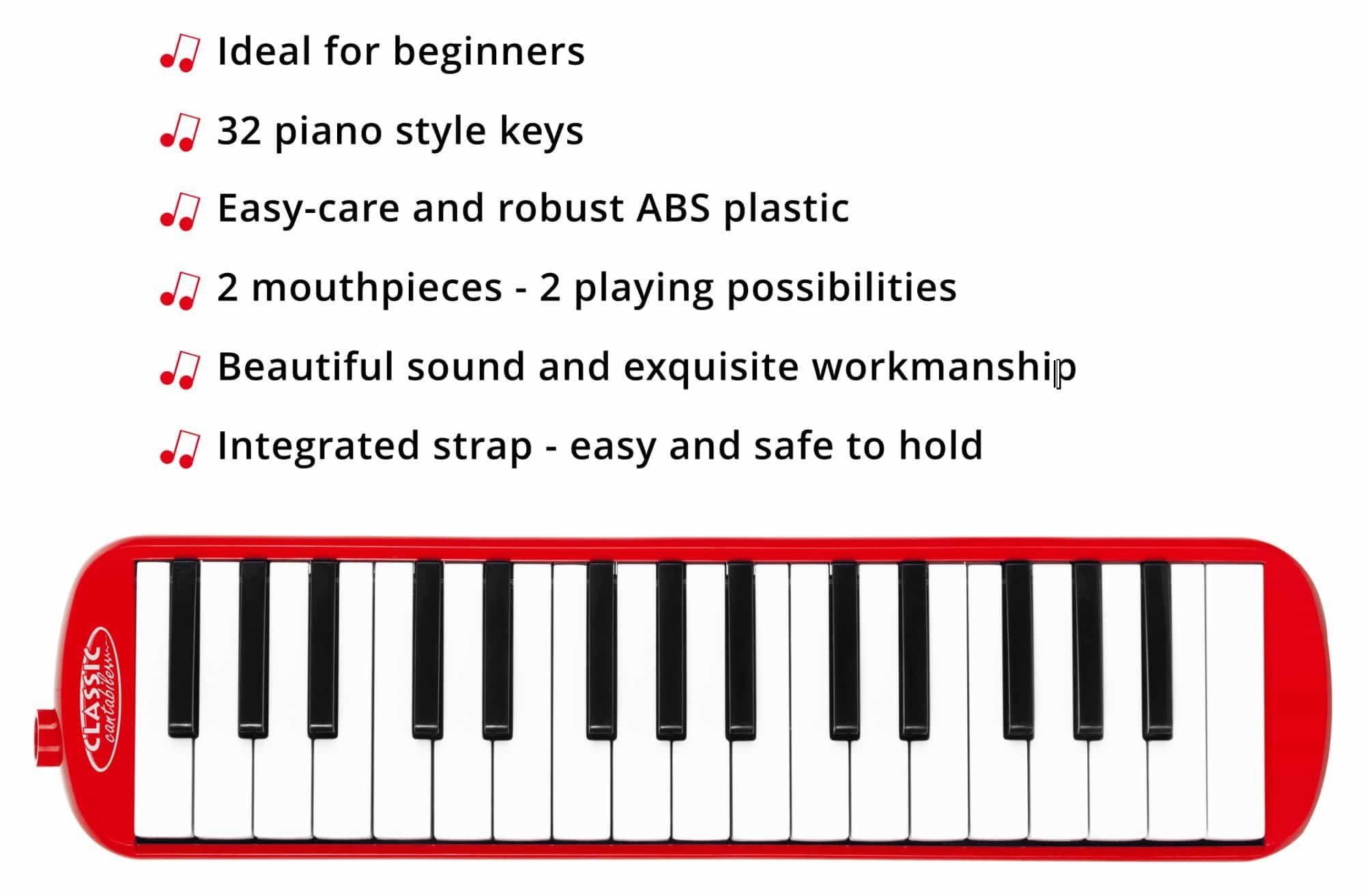 Classic Cantabile Melodica Blasharmonika mit 32 Tasten - Melodica Instrument f - c³, Anfänger-Set, 6-St., Mit Etui, Mundstück und Anblasschlauch, Booklet mit 5 Kinderliedern und bunten Aufklebern
