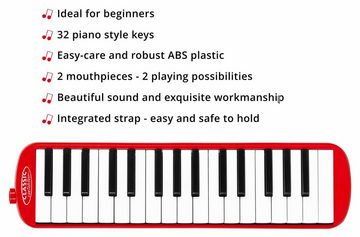 Classic Cantabile Melodica Blasharmonika mit 32 Tasten - Melodica Instrument, f - c³, (Anfänger-Set, 6, Mit Etui, Mundstück und Anblasschlauch), Booklet mit 5 Kinderliedern und bunten Aufklebern