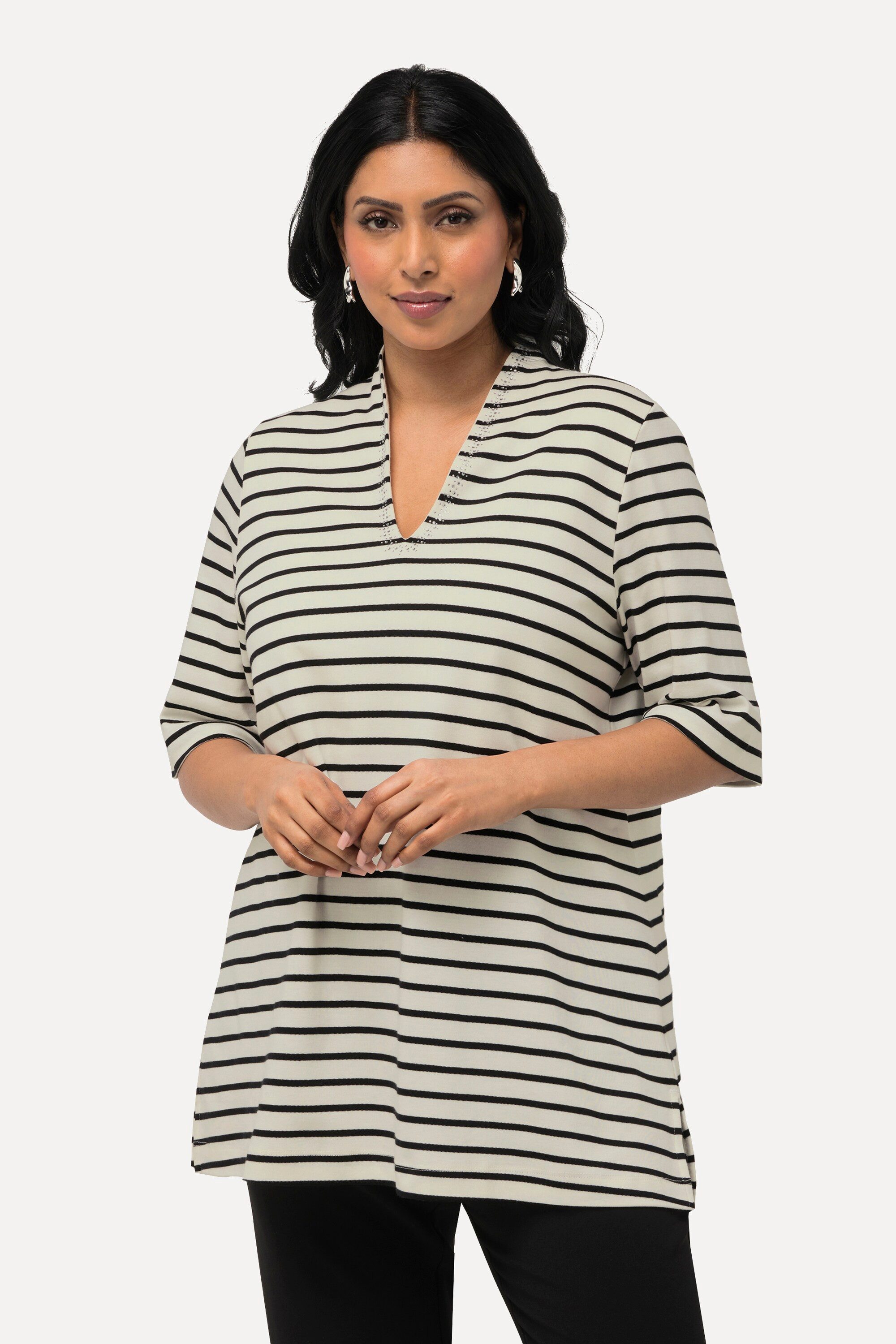 Ulla Popken T-Shirt T-Shirt Ringel Pima Cotton Kelchkragen Halbarm
