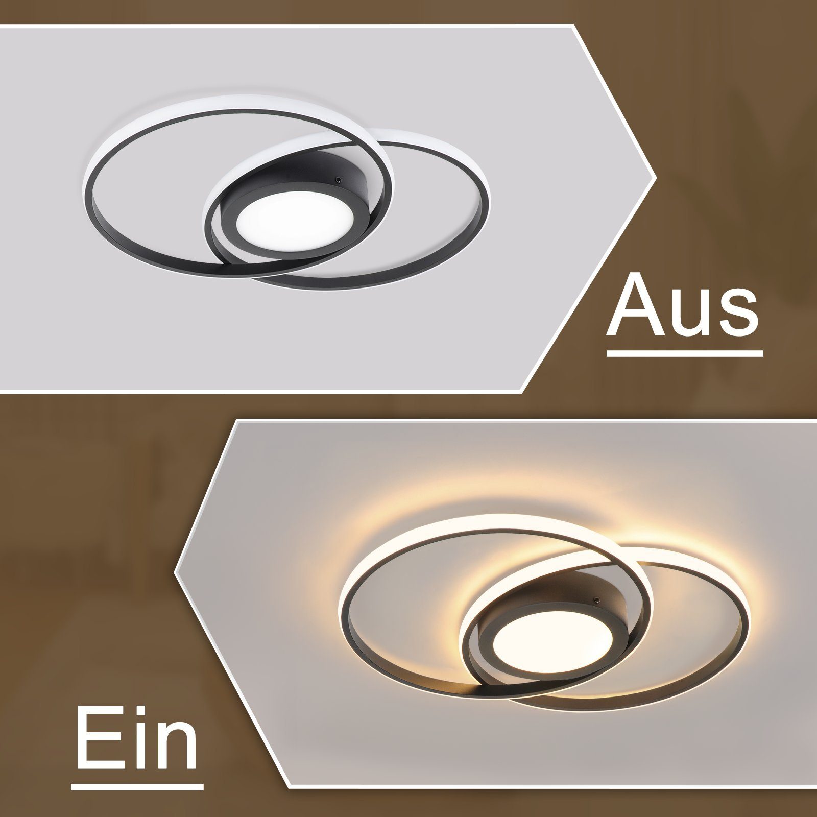 Wohnzimmer Dimmbar 48 mit Licht/natürliches W Licht, Licht/kaltes Fernbedienung, Deckenleuchte Nettlife Schwarz/Weiß warmes Metall LED