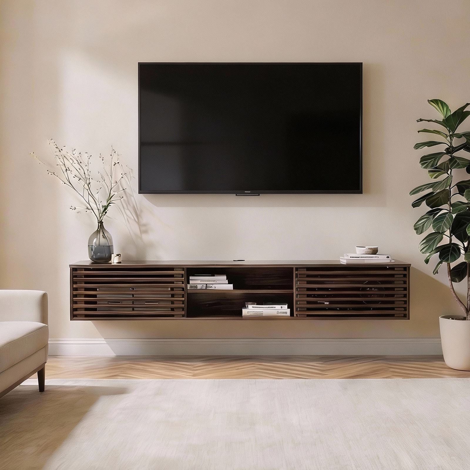 IDIMEX Lowboard RIAN, TV Lowboard hängend aus Massivholz mit Lamellentüren Nussbaum Finish