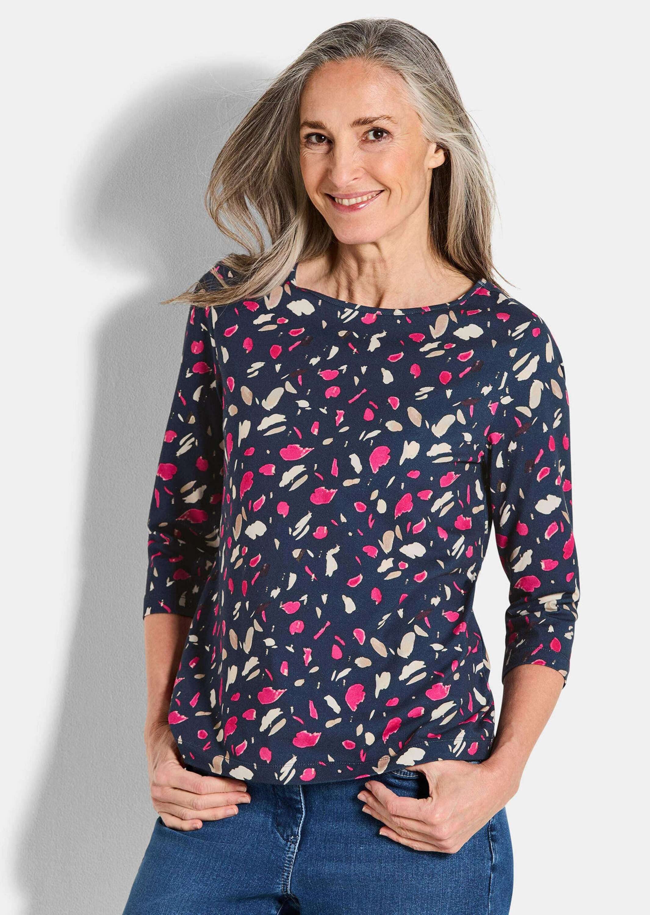 GOLDNER Print-Shirt Florales Jerseyshirt mit Paisley-Muster Baumwollshirt mit U-Boot-Ausschnitt und 3/4-Ärmeln
